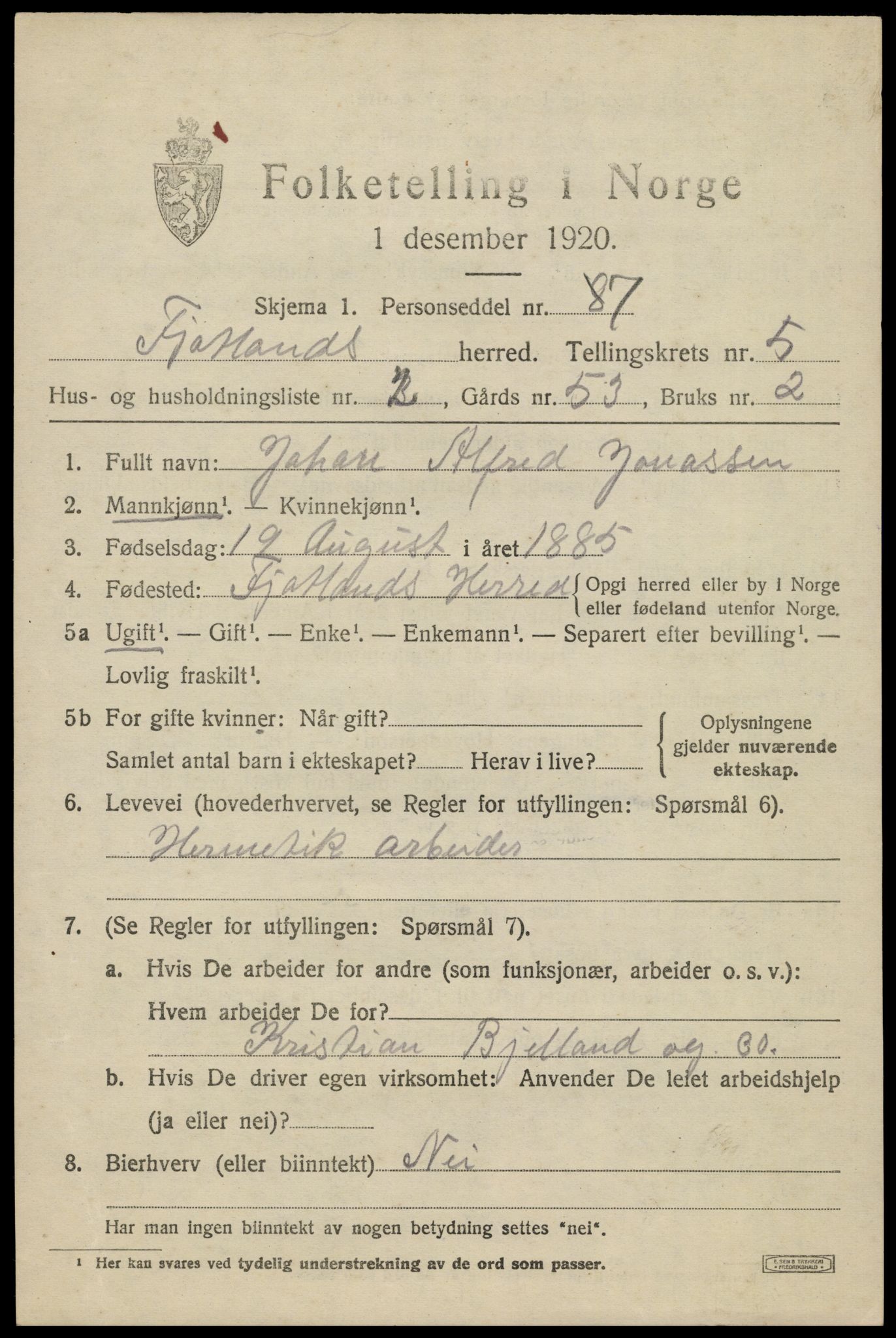 SAK, 1920 census for Fjotland, 1920, p. 1546