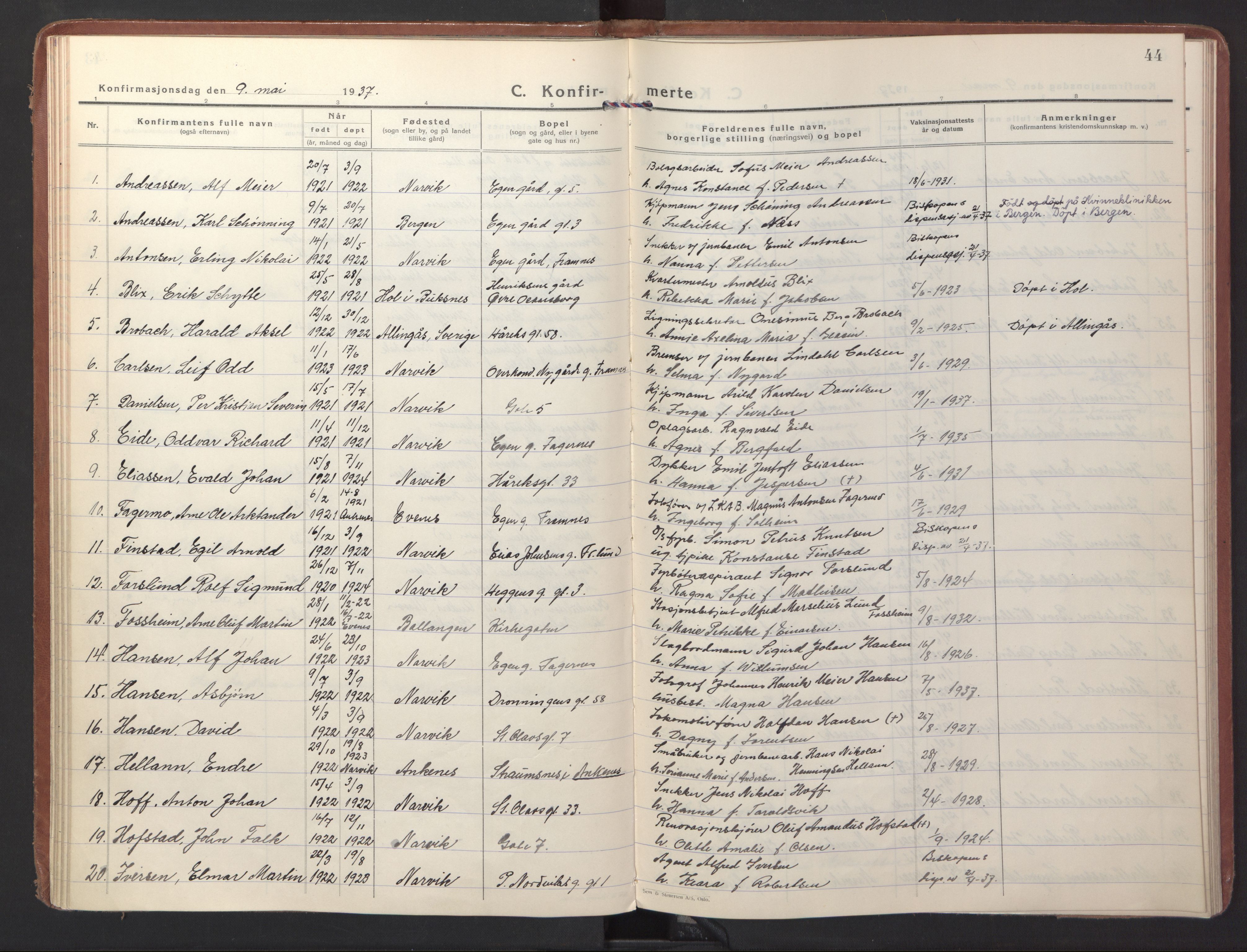 Ministerialprotokoller, klokkerbøker og fødselsregistre - Nordland, SAT/A-1459/871/L1007: Parish register (official) no. 871A23, 1932-1942, p. 44
