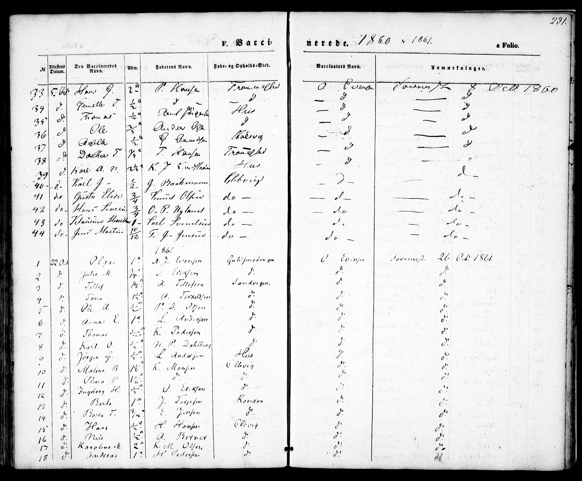 Hisøy sokneprestkontor, SAK/1111-0020/F/Fa/L0001: Parish register (official) no. A 1, 1849-1871, p. 231