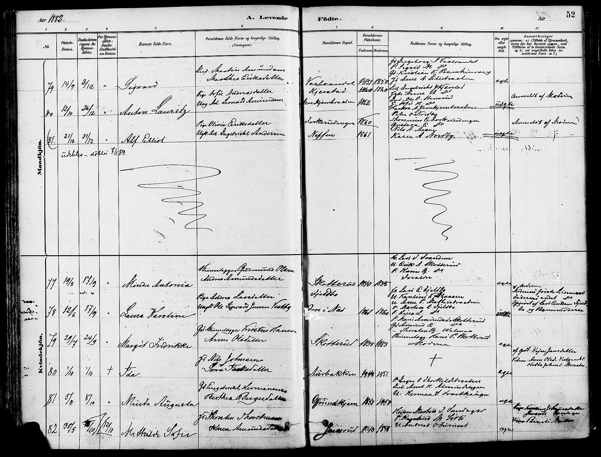 Eidskog prestekontor, AV/SAH-PREST-026/H/Ha/Haa/L0003: Parish register (official) no. 3, 1879-1892, p. 52