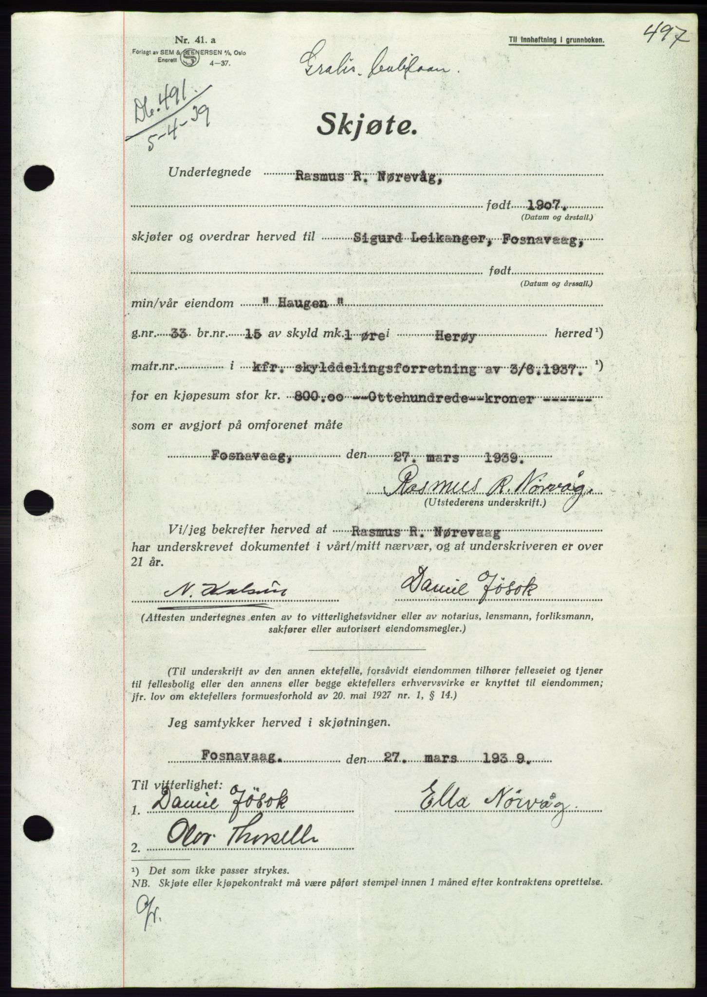 Søre Sunnmøre sorenskriveri, AV/SAT-A-4122/1/2/2C/L0067: Mortgage book no. 61, 1938-1939, Diary no: : 491/1939