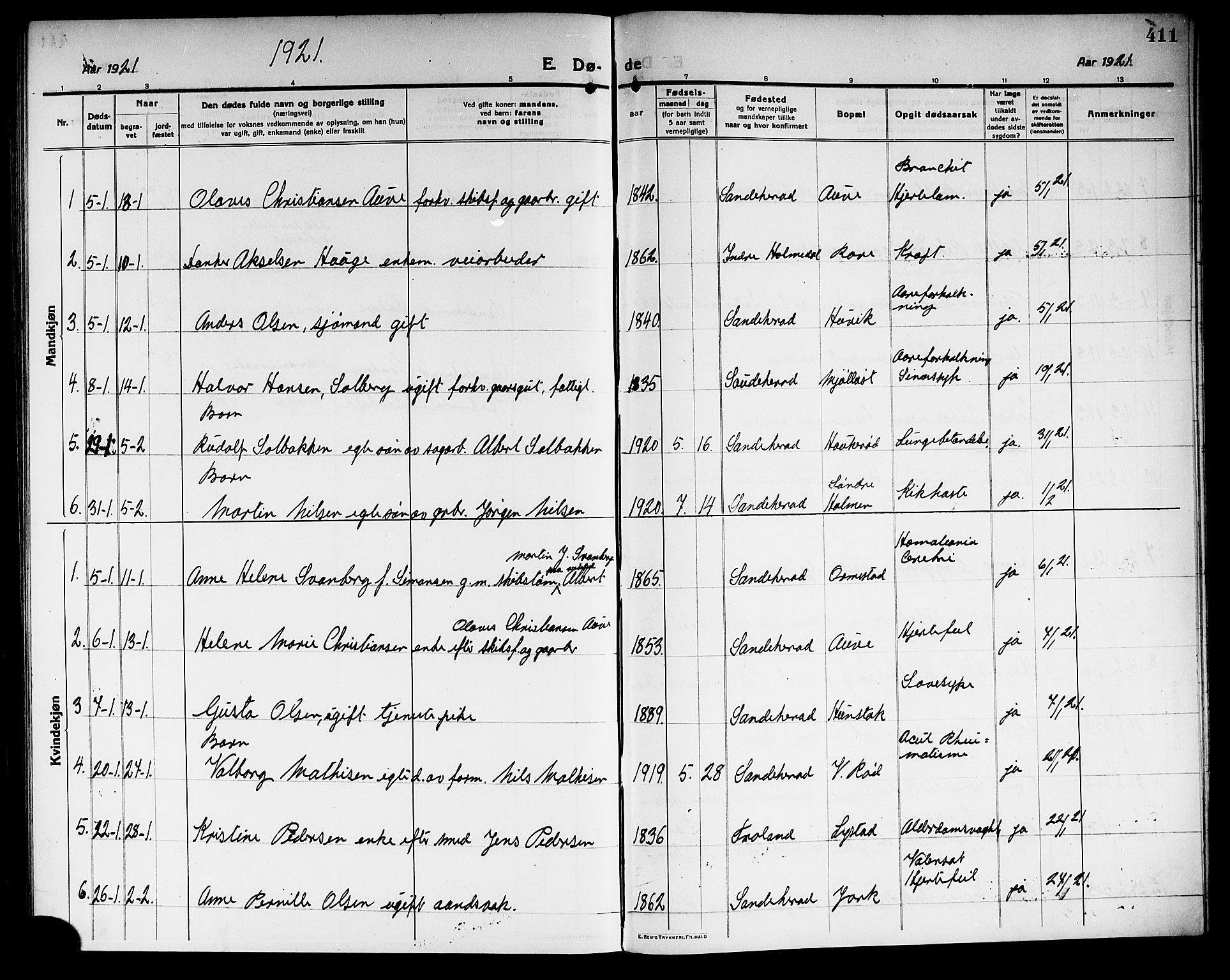 Sandar kirkebøker, AV/SAKO-A-243/G/Ga/L0003: Parish register (copy) no. 3, 1916-1922, p. 411