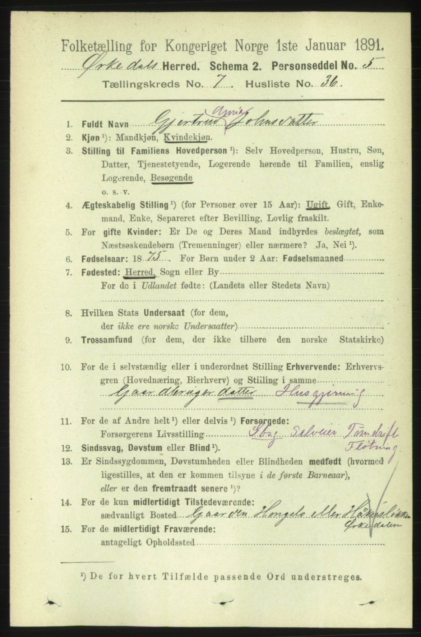 RA, 1891 census for 1638 Orkdal, 1891, p. 3649