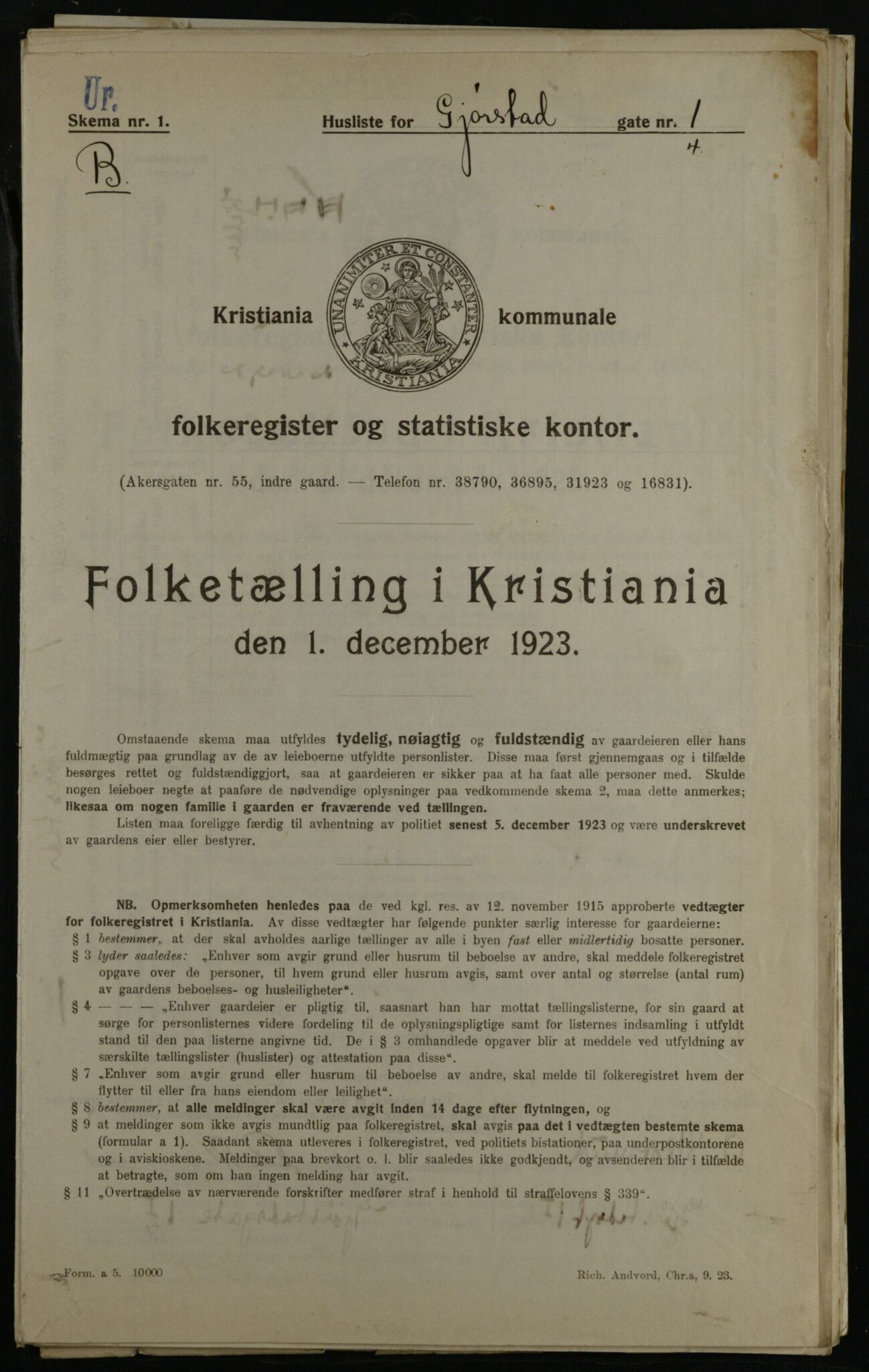 OBA, Municipal Census 1923 for Kristiania, 1923, p. 33183