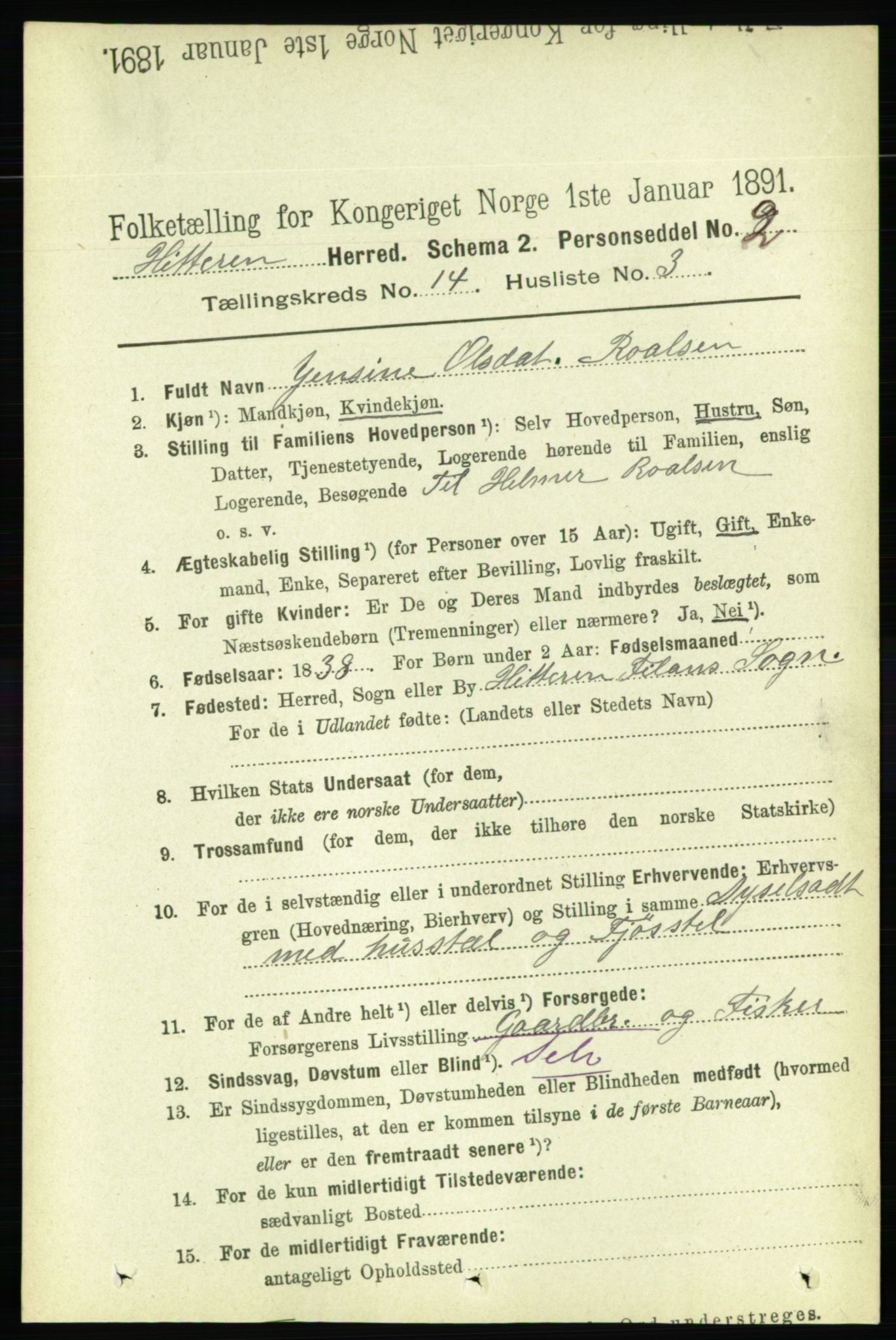 RA, 1891 census for 1617 Hitra, 1891, p. 2987