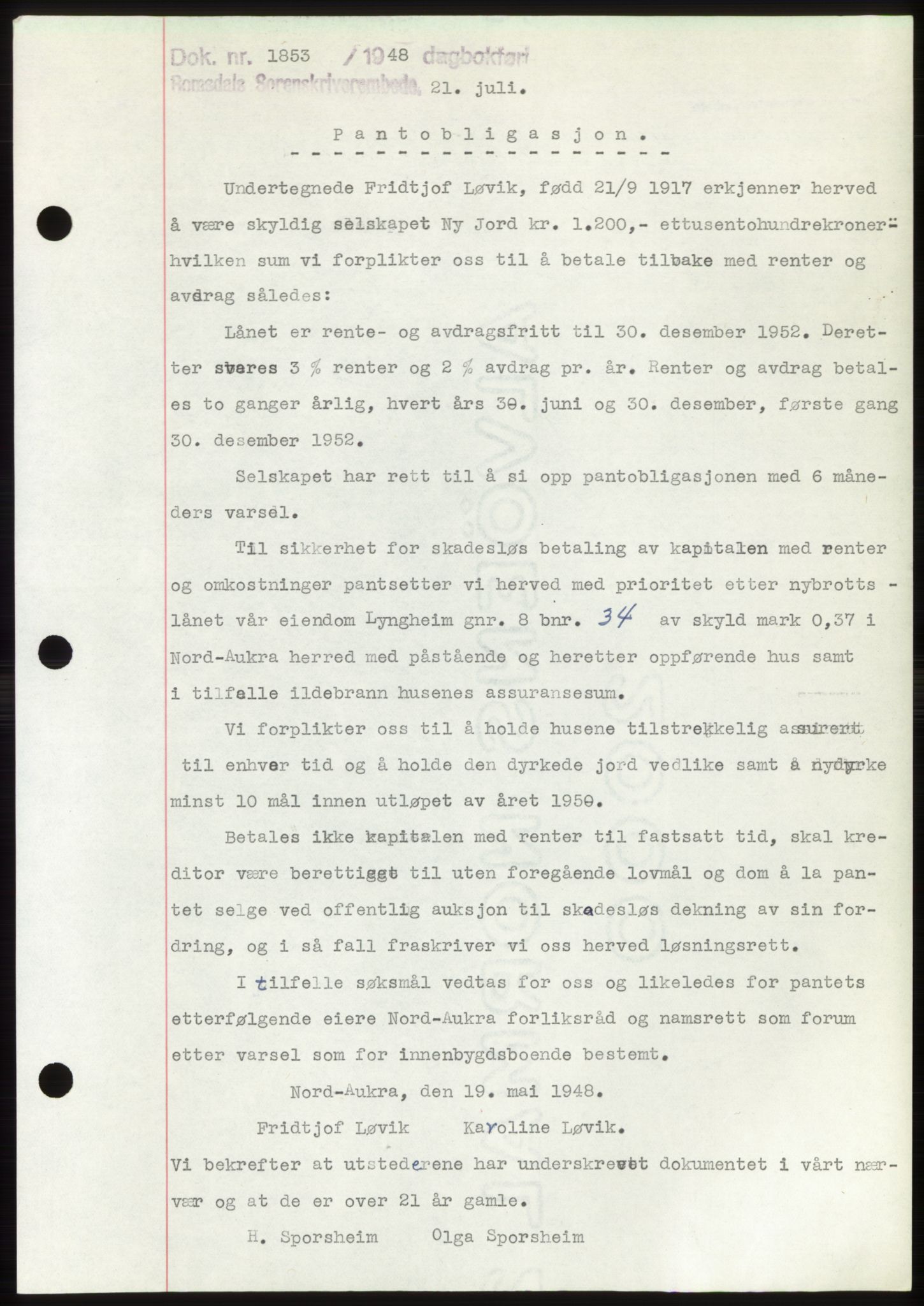 Romsdal sorenskriveri, AV/SAT-A-4149/1/2/2C: Mortgage book no. B4, 1948-1949, Diary no: : 1853/1948