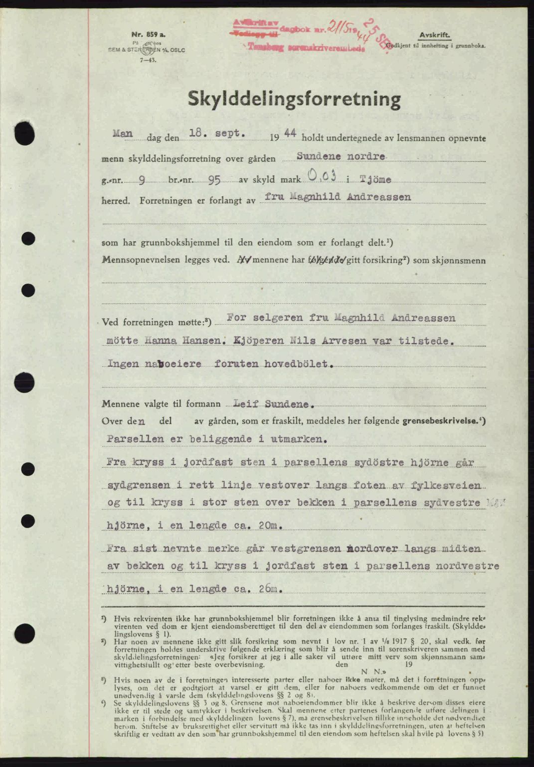 Tønsberg sorenskriveri, AV/SAKO-A-130/G/Ga/Gaa/L0016: Mortgage book no. A16, 1944-1945, Diary no: : 2115/1944