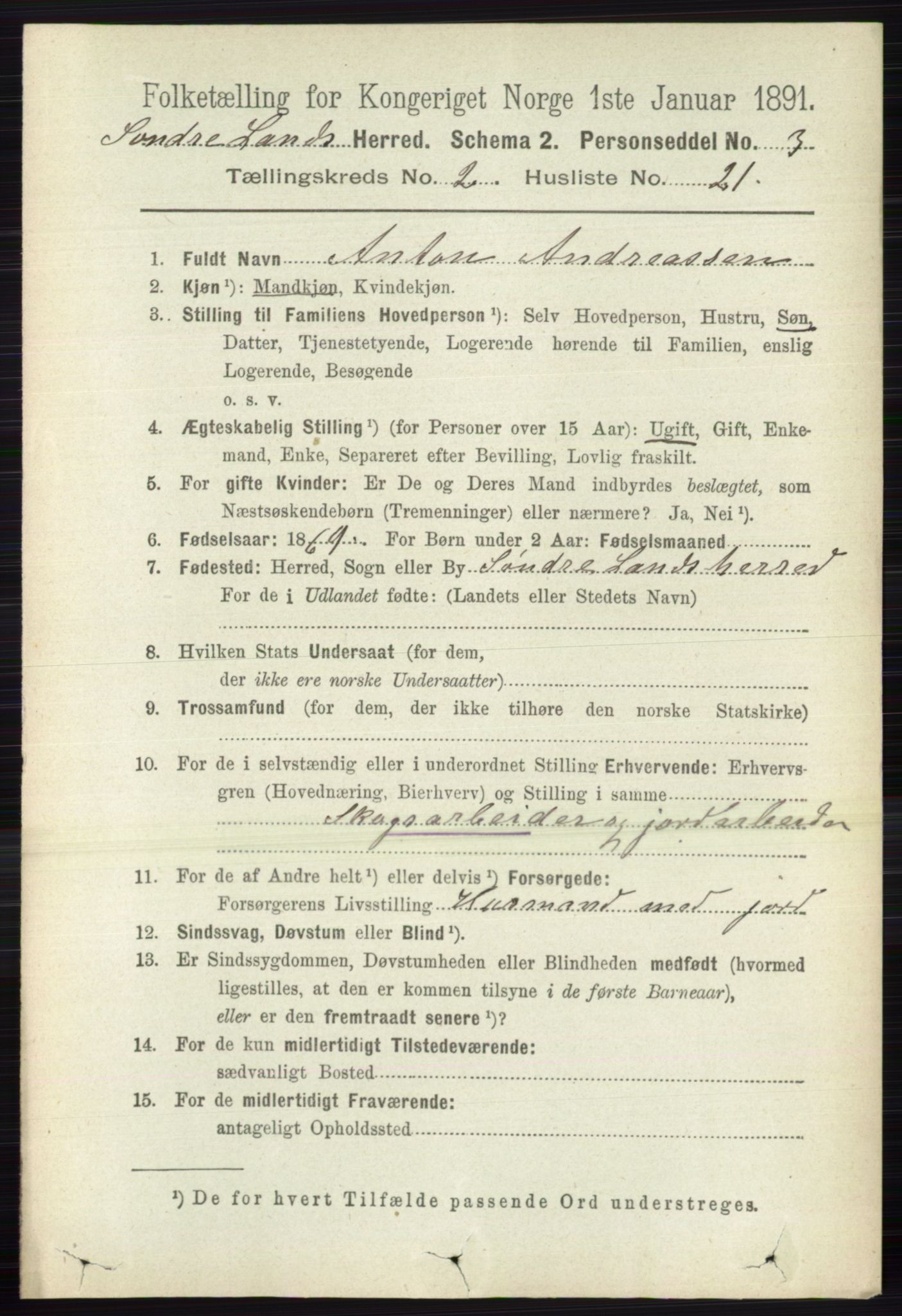 RA, 1891 census for 0536 Søndre Land, 1891, p. 1148