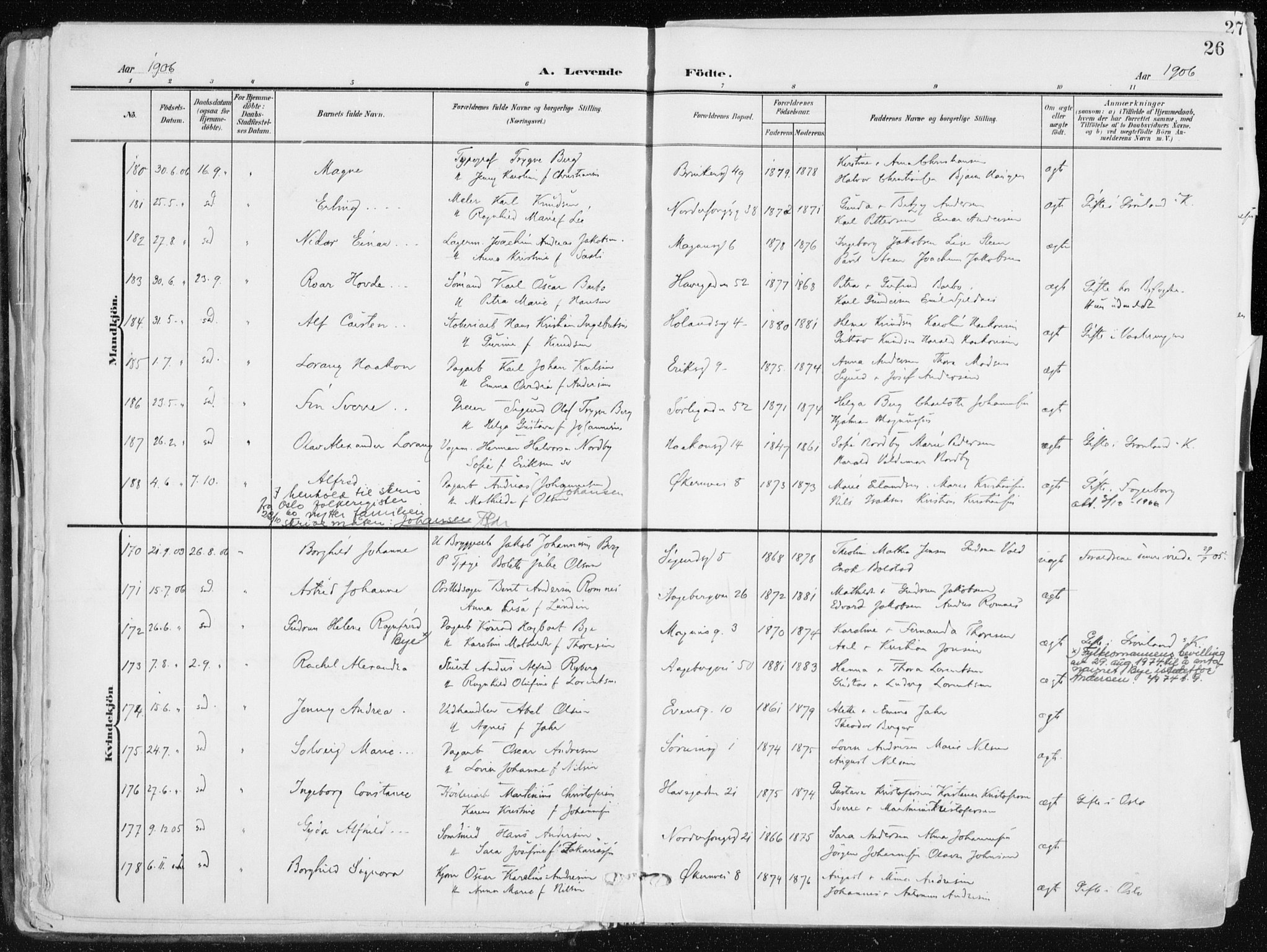 Kampen prestekontor Kirkebøker, SAO/A-10853/F/Fa/L0010: Parish register (official) no. I 10, 1905-1917, p. 26