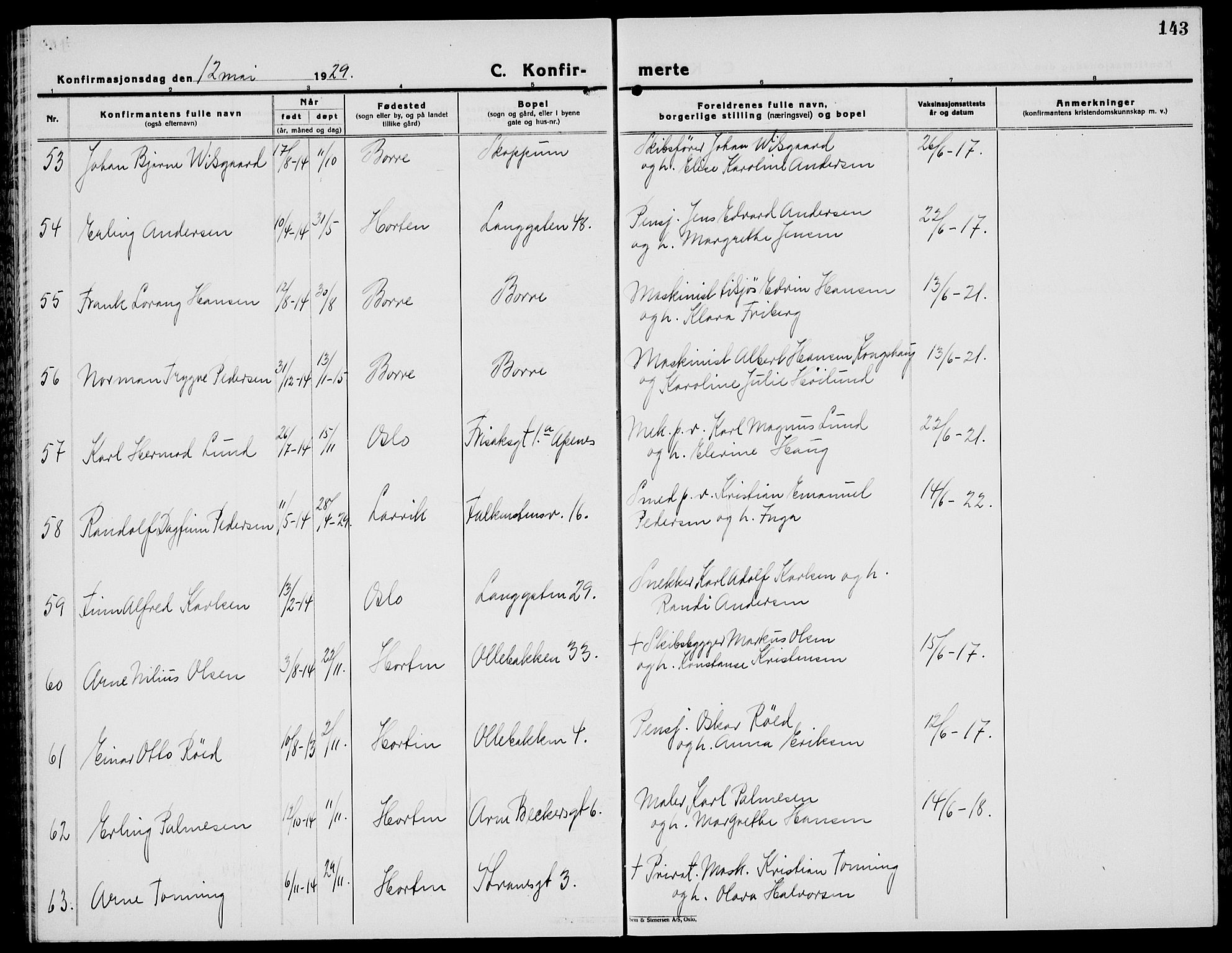 Horten kirkebøker, SAKO/A-348/G/Ga/L0009: Parish register (copy) no. 9, 1926-1936, p. 143