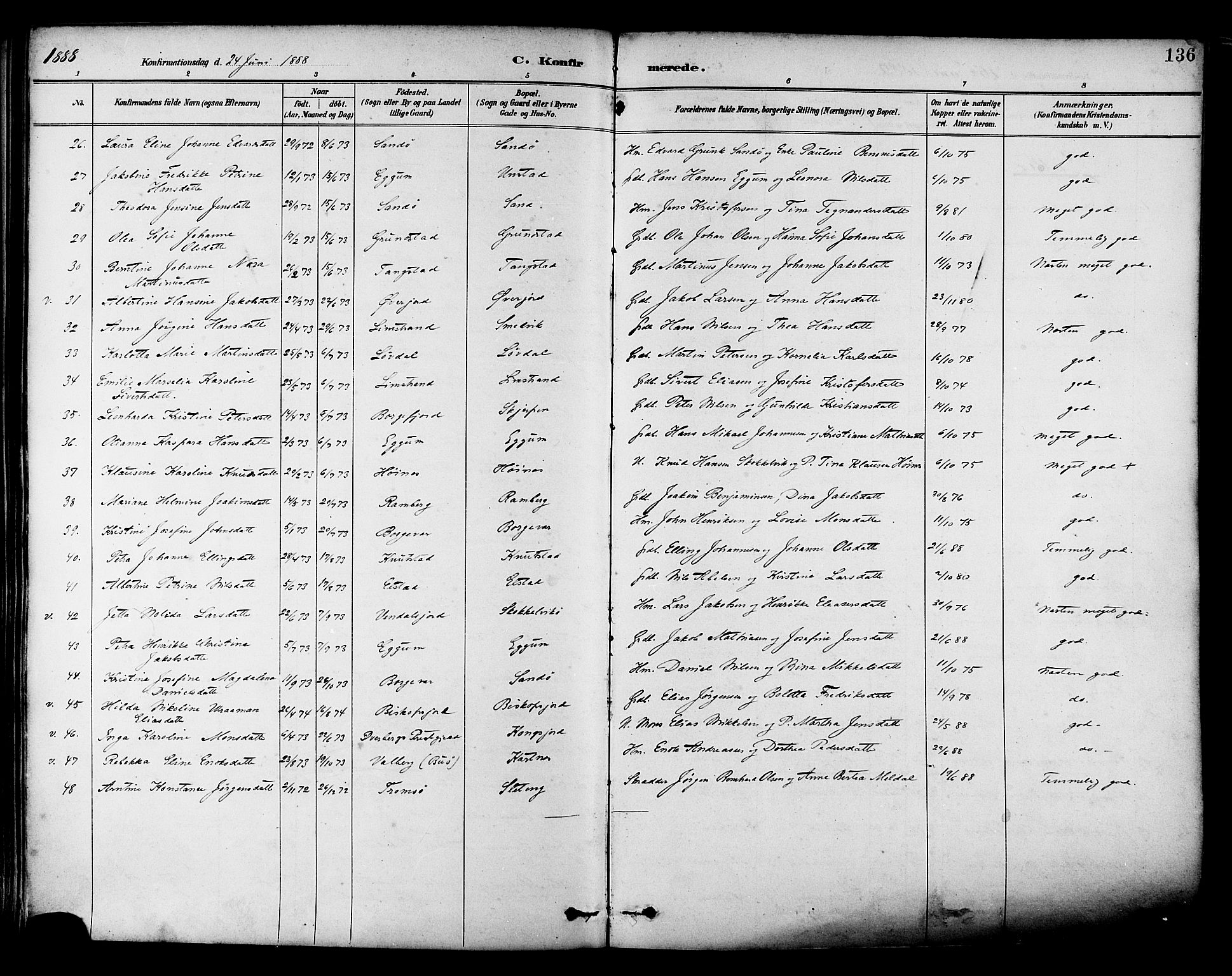 Ministerialprotokoller, klokkerbøker og fødselsregistre - Nordland, AV/SAT-A-1459/880/L1133: Parish register (official) no. 880A07, 1888-1898, p. 136