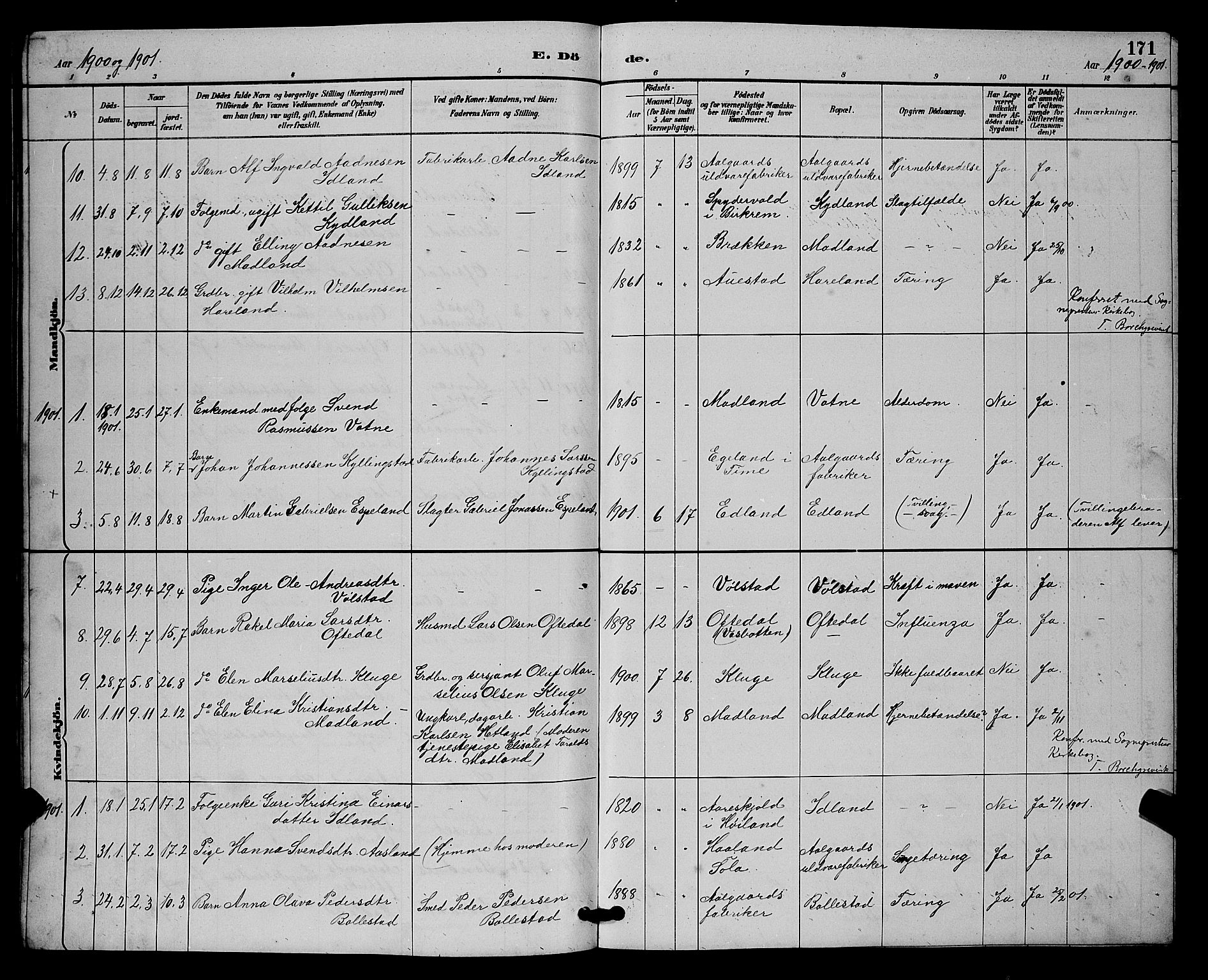 Lye sokneprestkontor, AV/SAST-A-101794/001/30BB/L0008: Parish register (copy) no. B 7, 1887-1901, p. 171