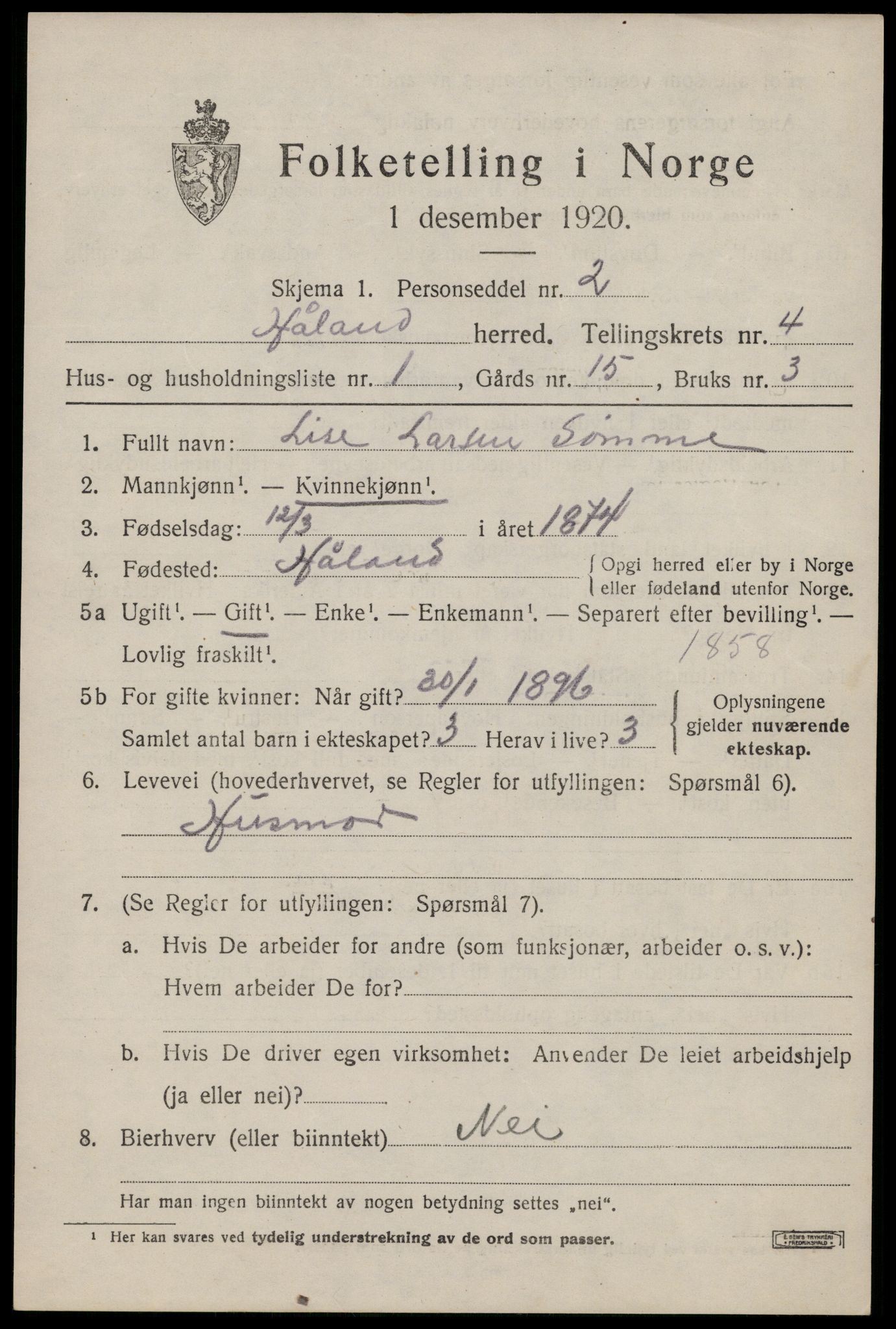 SAST, 1920 census for Håland, 1920, p. 3605