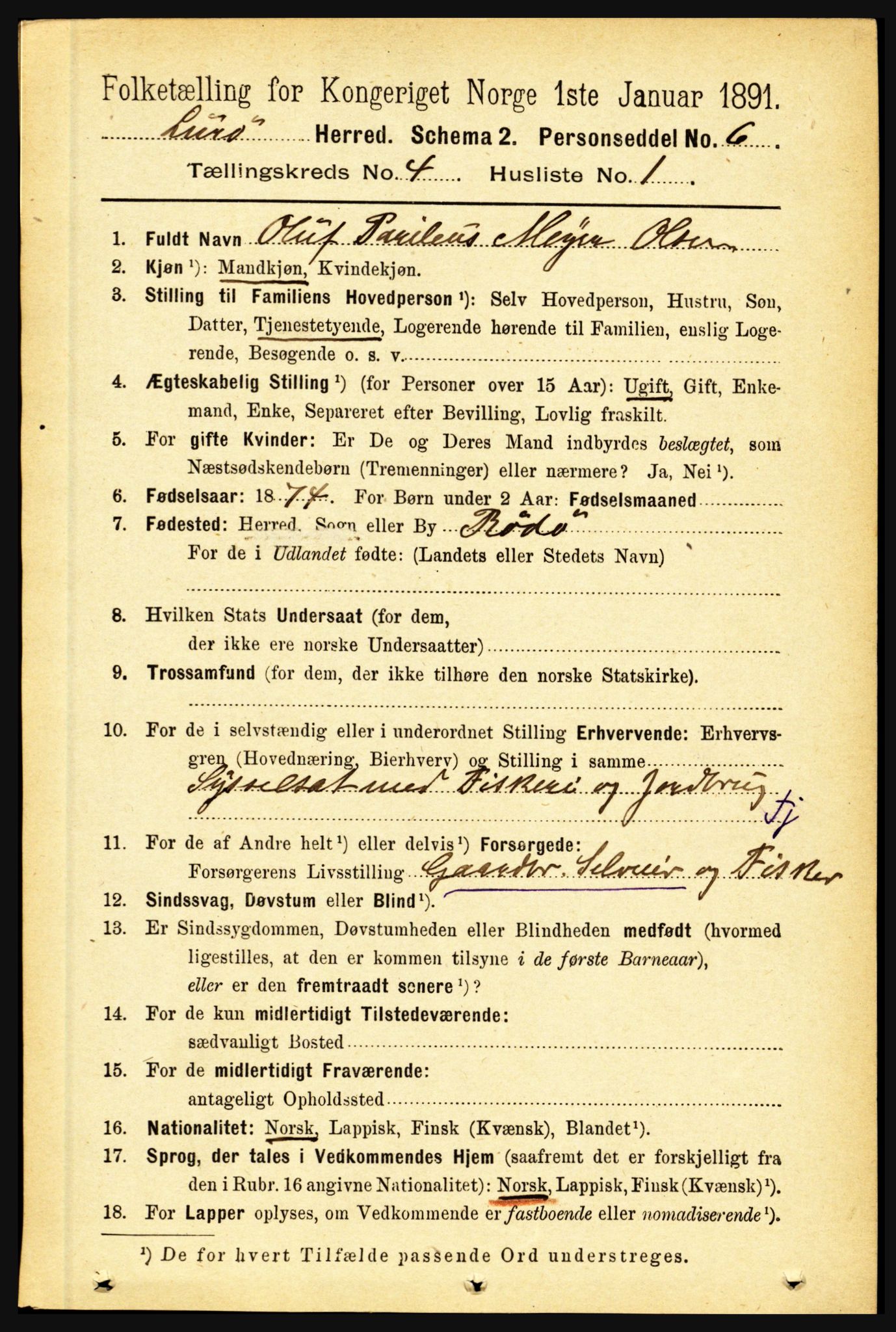 RA, 1891 census for 1834 Lurøy, 1891, p. 2023