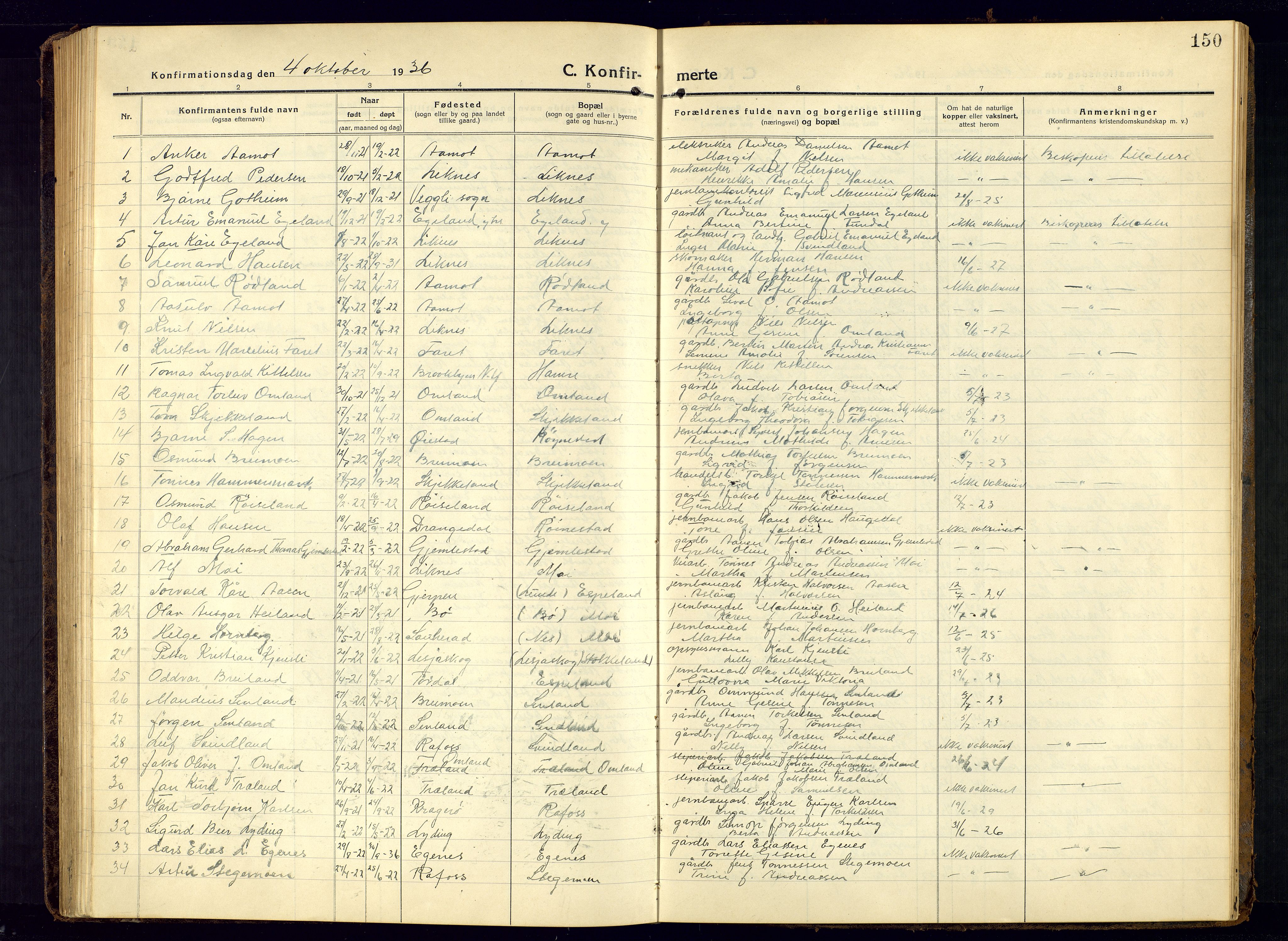 Kvinesdal sokneprestkontor, AV/SAK-1111-0026/F/Fb/Fbb/L0004: Parish register (copy) no. B 4, 1917-1938, p. 150