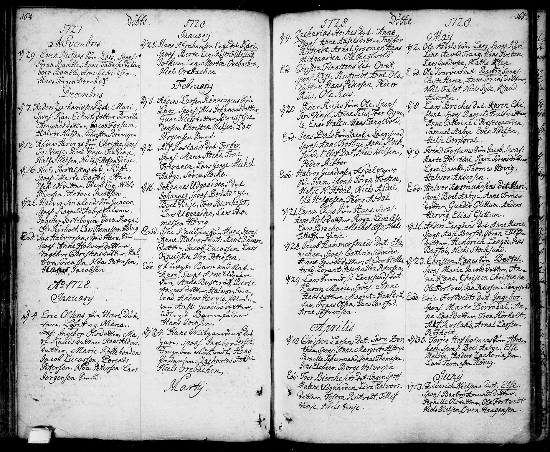 Bamble kirkebøker, SAKO/A-253/F/Fa/L0001: Parish register (official) no. I 1, 1702-1774, p. 164-165