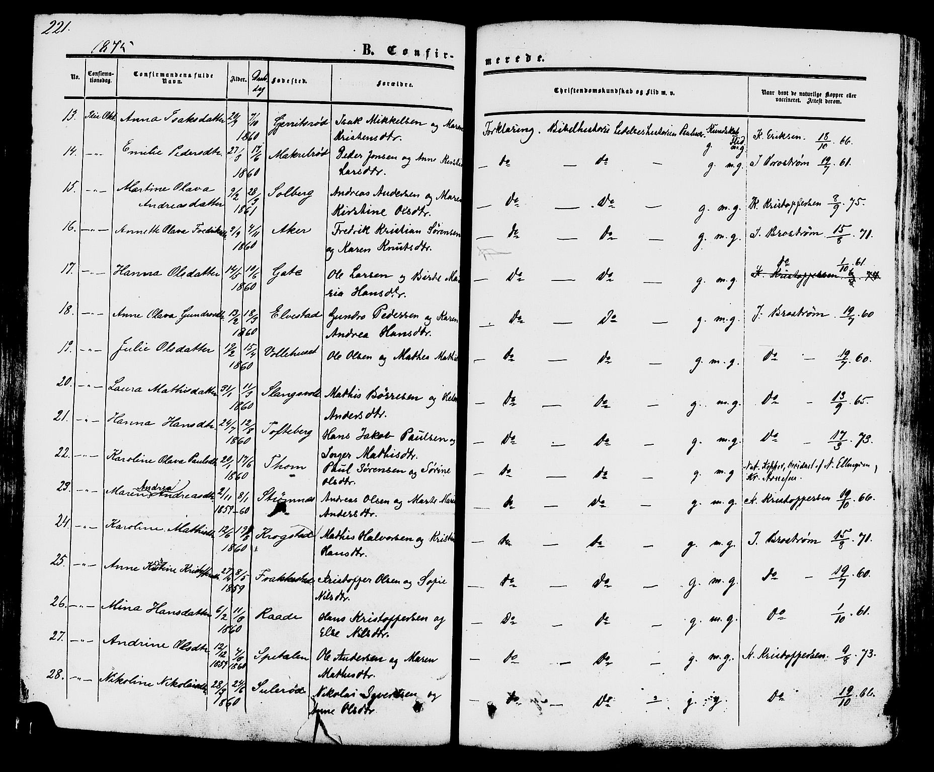 Råde prestekontor kirkebøker, AV/SAO-A-2009/F/Fa/L0006: Parish register (official) no. 6, 1854-1877, p. 221