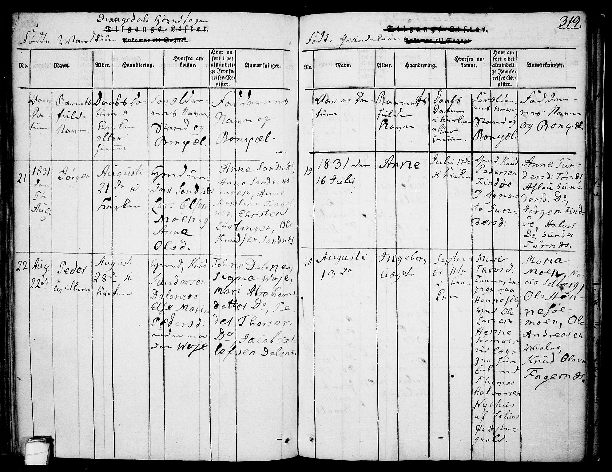 Drangedal kirkebøker, SAKO/A-258/F/Fa/L0005: Parish register (official) no. 5 /1, 1814-1831, p. 319