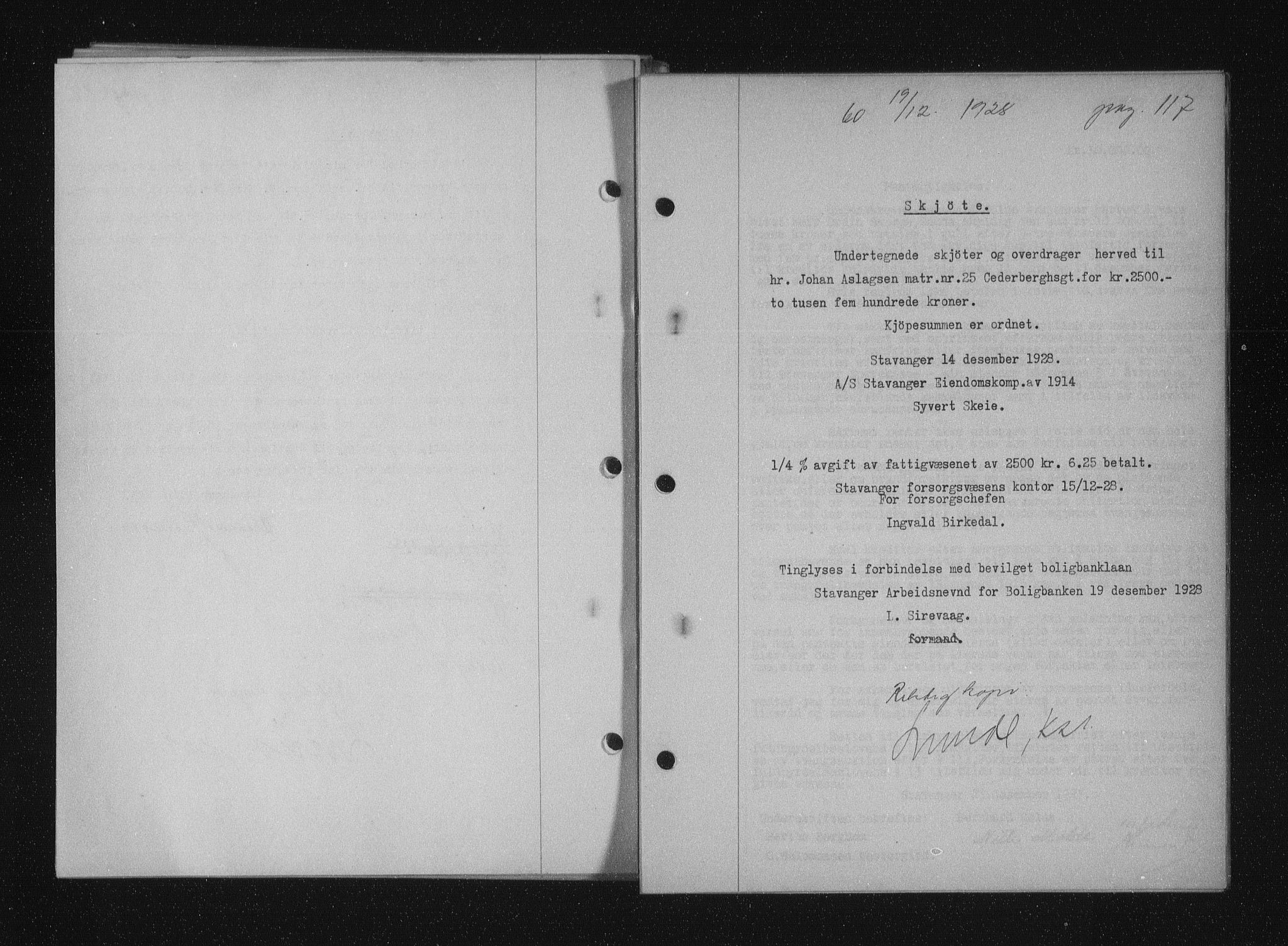 Stavanger byfogd, SAST/A-101408/001/4/41/410/410BB/L0055: Mortgage book no. 43, 1928-1929, Deed date: 19.12.1928