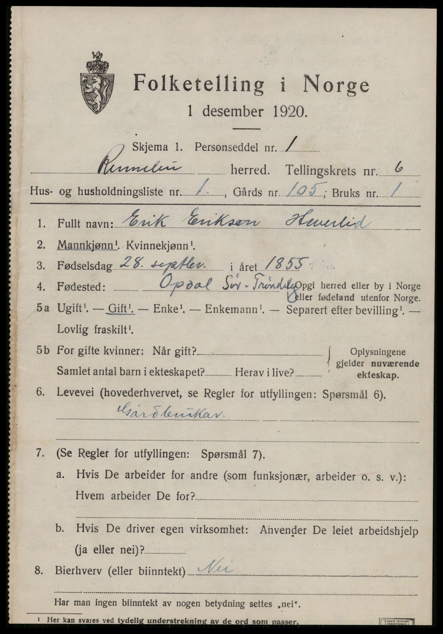 SAT, 1920 census for Rennebu, 1920, p. 4430
