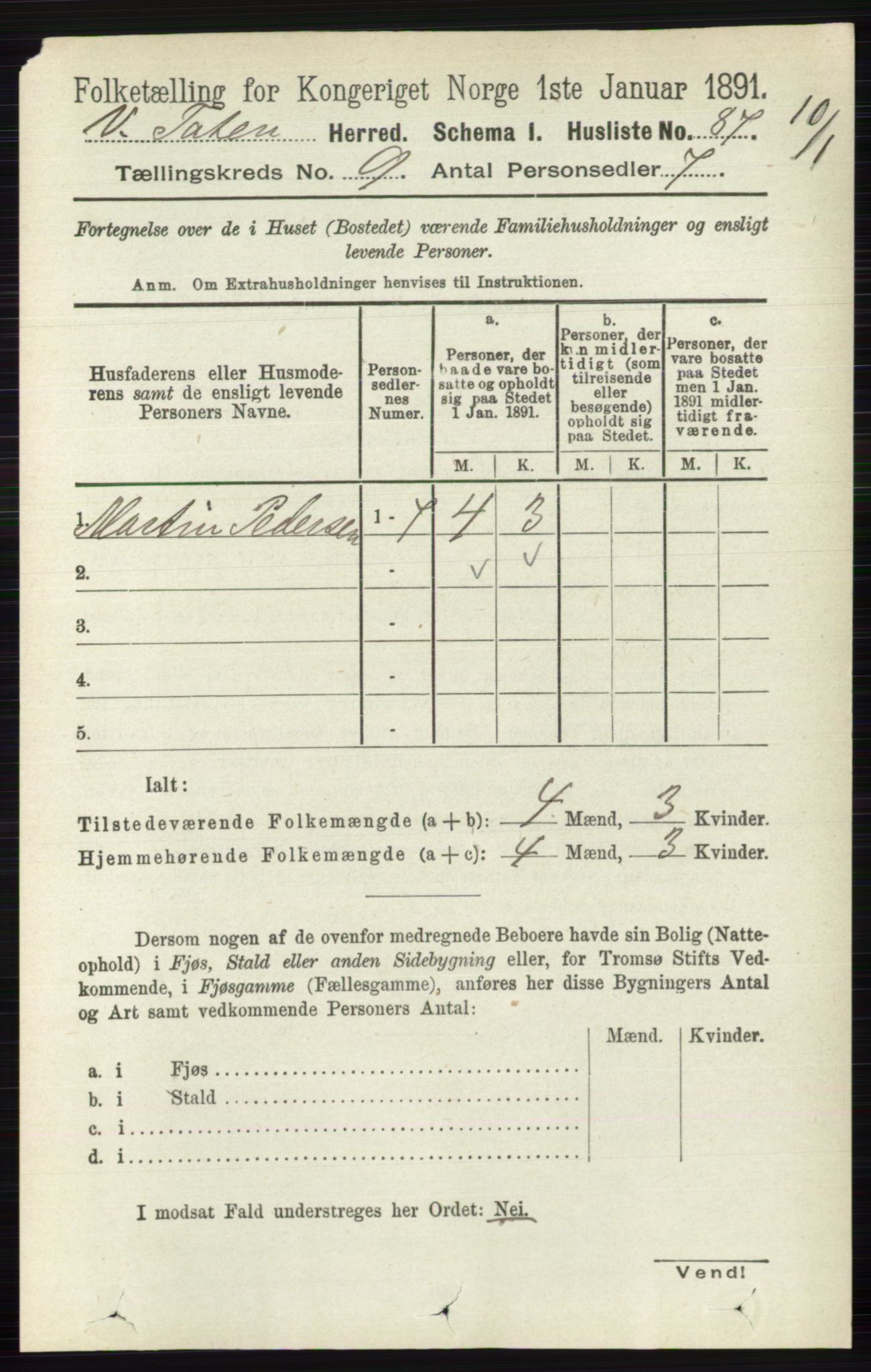 RA, 1891 census for 0529 Vestre Toten, 1891, p. 5539