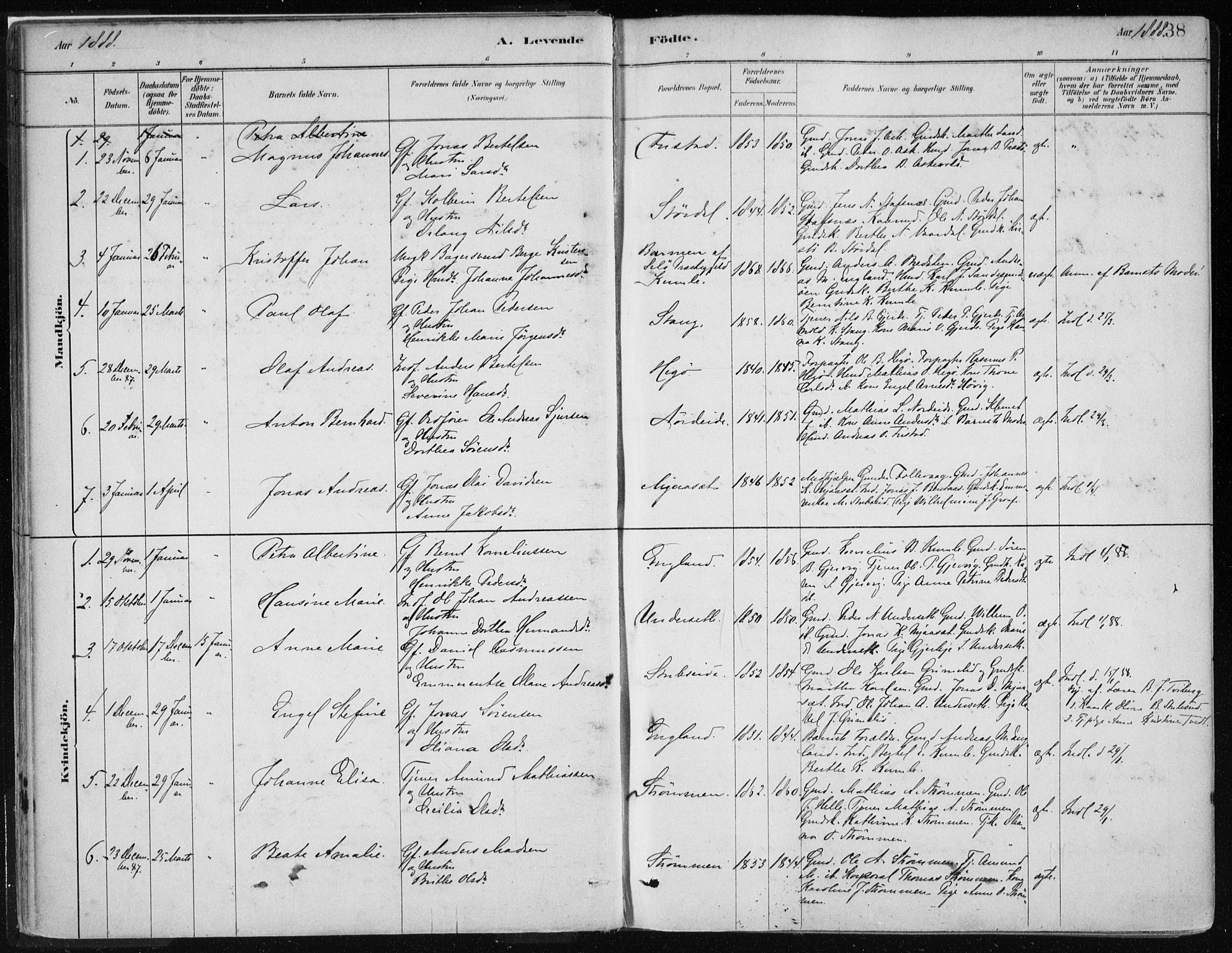 Askvoll sokneprestembete, SAB/A-79501/H/Haa/Haab/L0002: Parish register (official) no. B 2, 1879-1909, p. 38