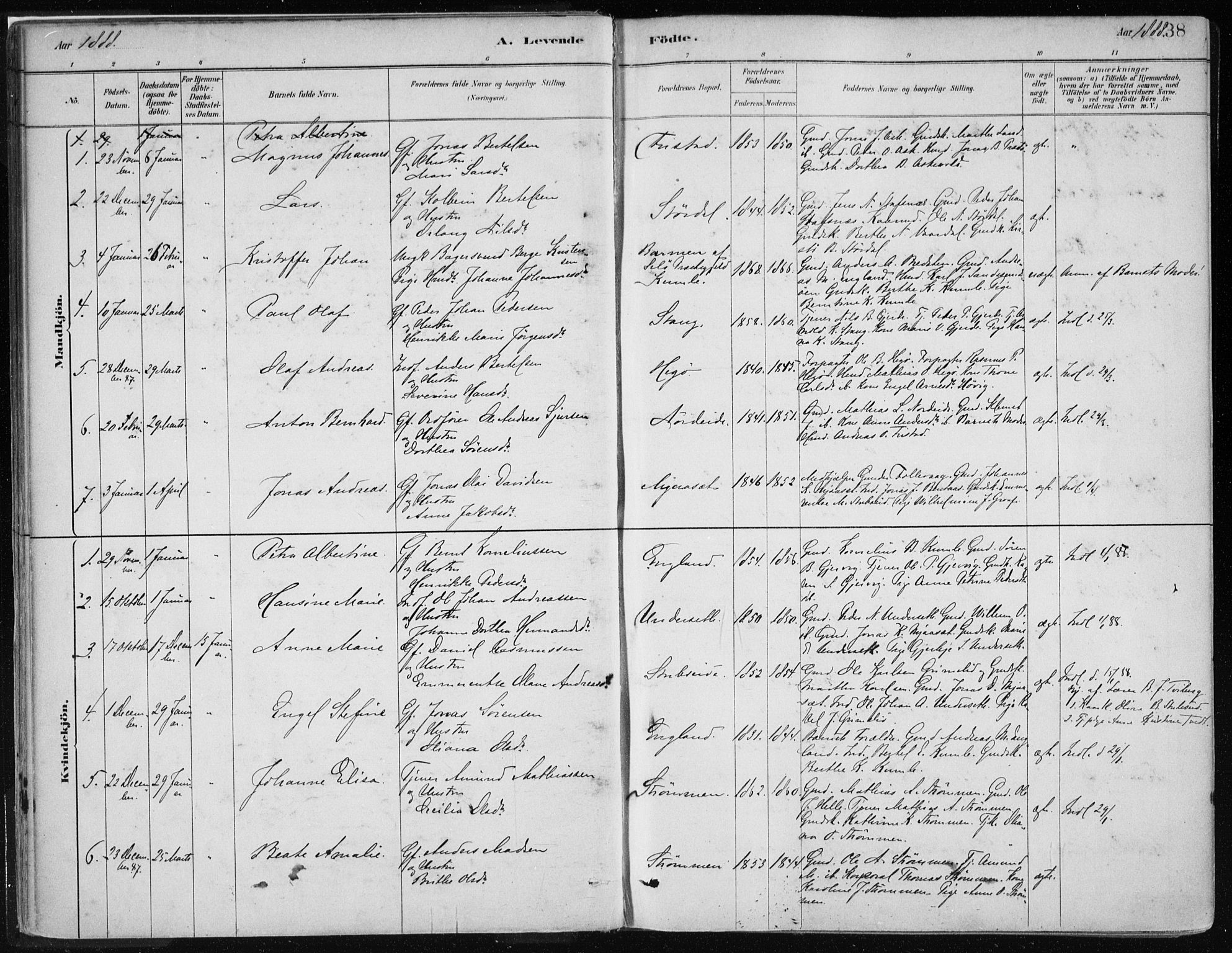 Askvoll sokneprestembete, AV/SAB-A-79501/H/Haa/Haab/L0002: Parish register (official) no. B 2, 1879-1909, p. 38