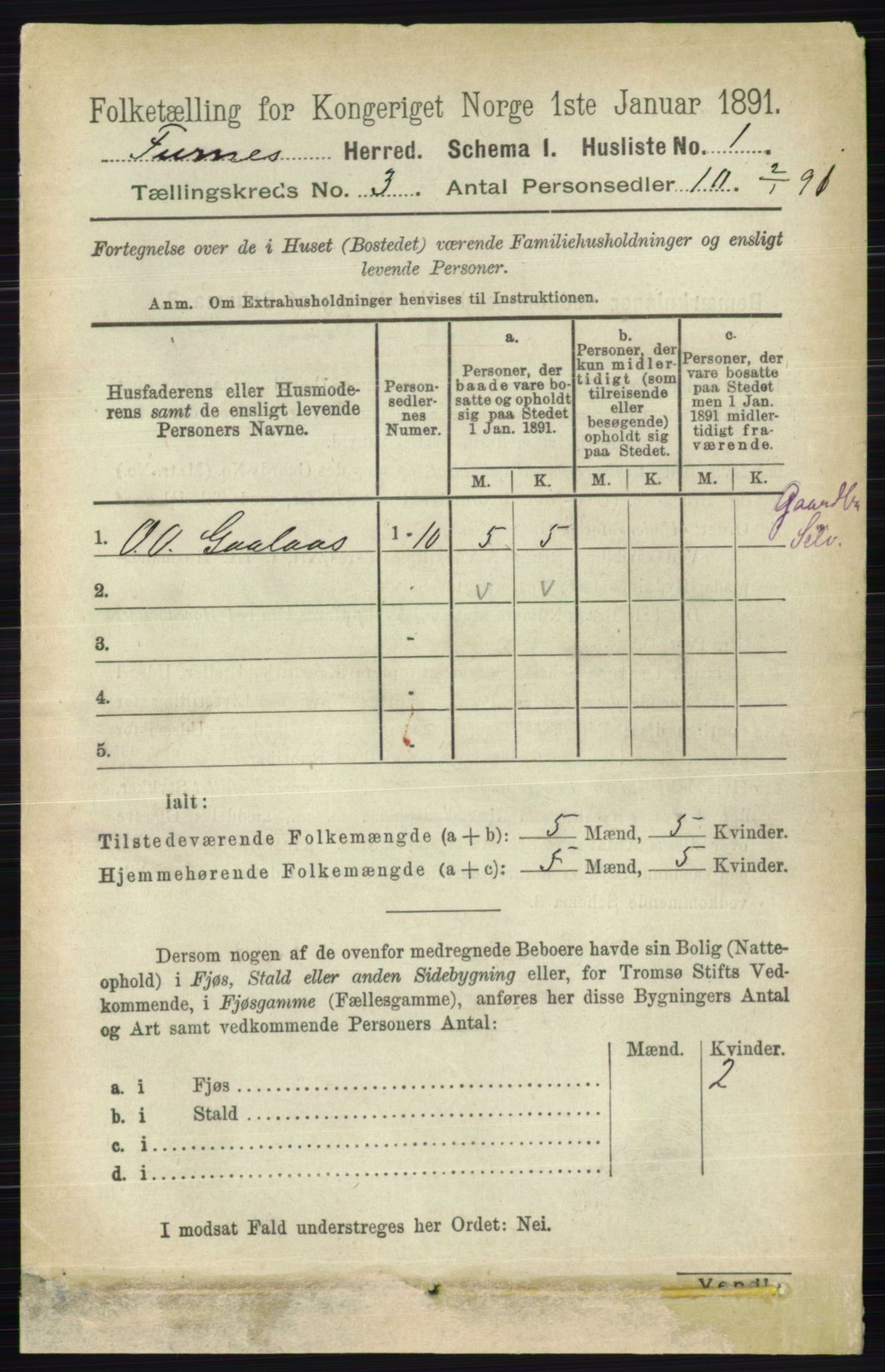 RA, Census 1891 for 0413 Furnes herred, 1891, p. 1485