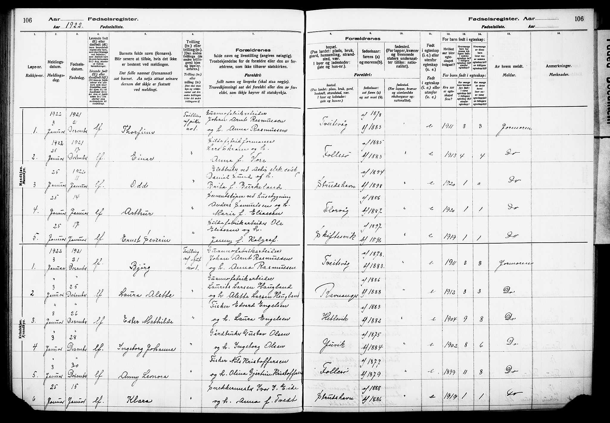 Askøy Sokneprestembete, SAB/A-74101/I/Id/L00A1: Birth register no. A 1, 1916-1928, p. 106