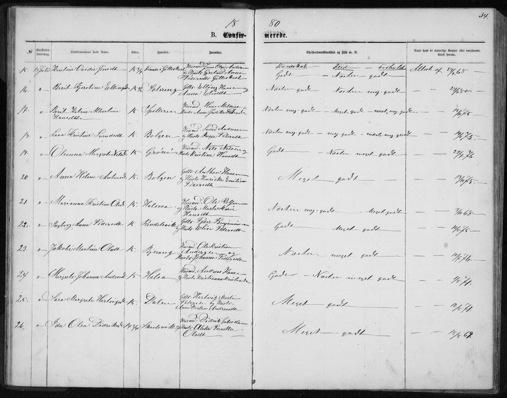 Ministerialprotokoller, klokkerbøker og fødselsregistre - Nordland, AV/SAT-A-1459/843/L0635: Parish register (copy) no. 843C04, 1872-1887, p. 34