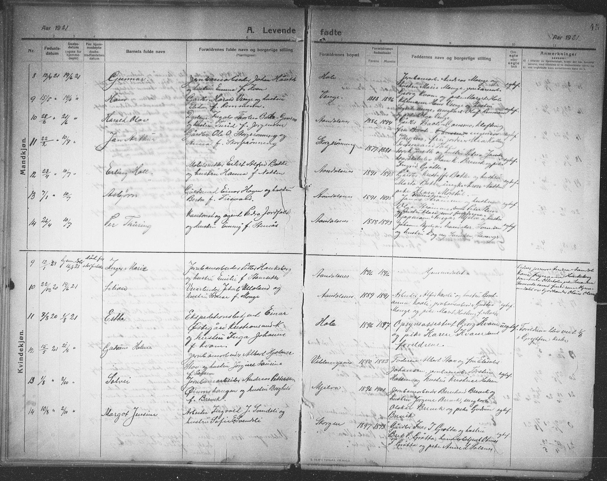 Ministerialprotokoller, klokkerbøker og fødselsregistre - Møre og Romsdal, SAT/A-1454/544/L0581: Parish register (copy) no. 544C03, 1910-1937, p. 45