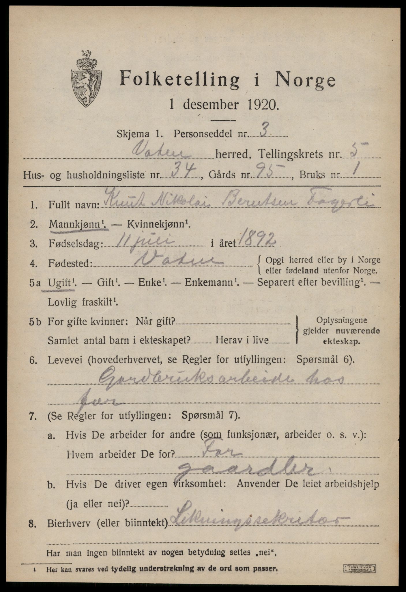 SAT, 1920 census for Vatne, 1920, p. 2664