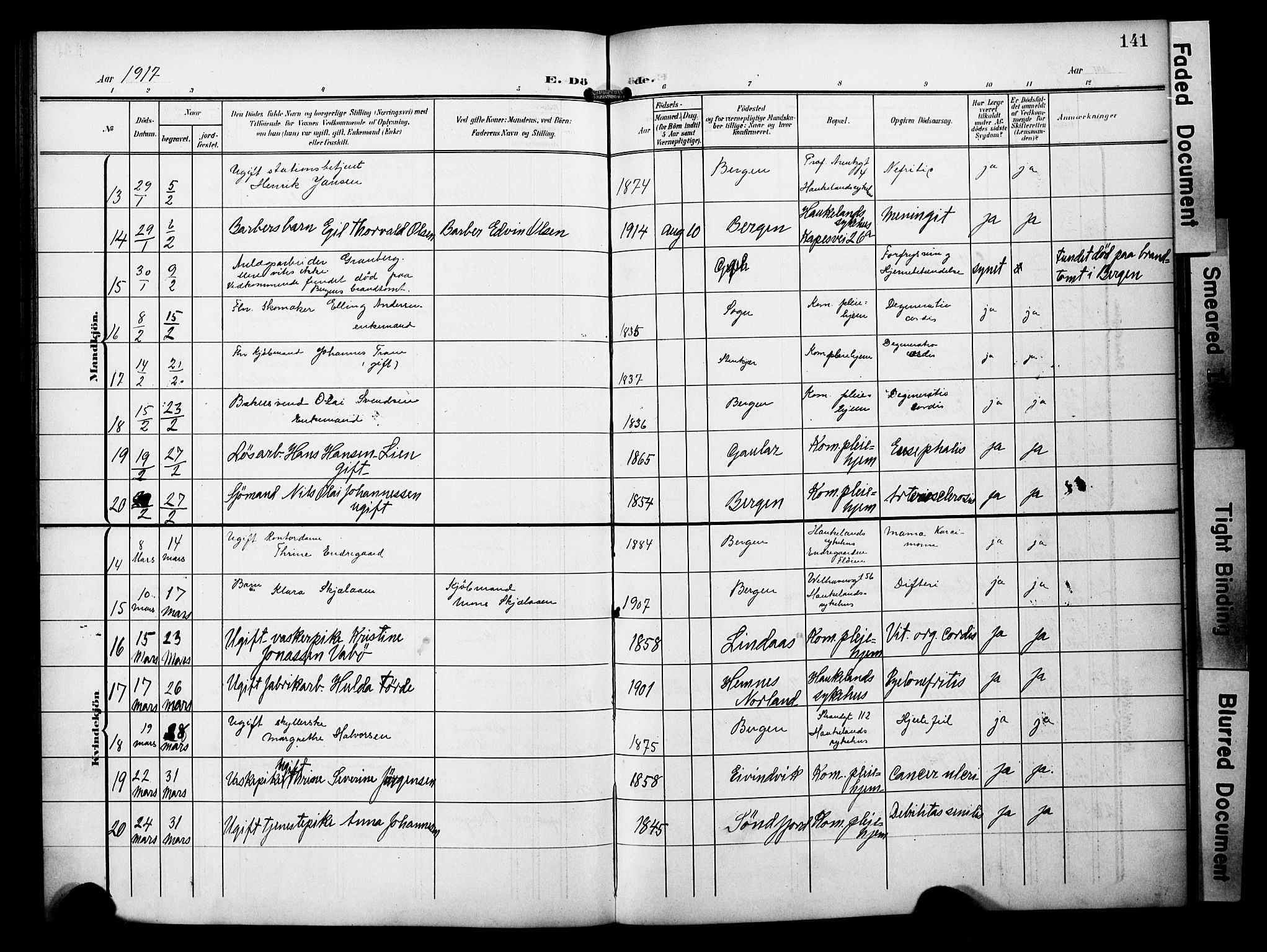 Bergen kommunale pleiehjem - stiftelsespresten, AV/SAB-A-100281: Parish register (official) no. A 6, 1908-1920, p. 141