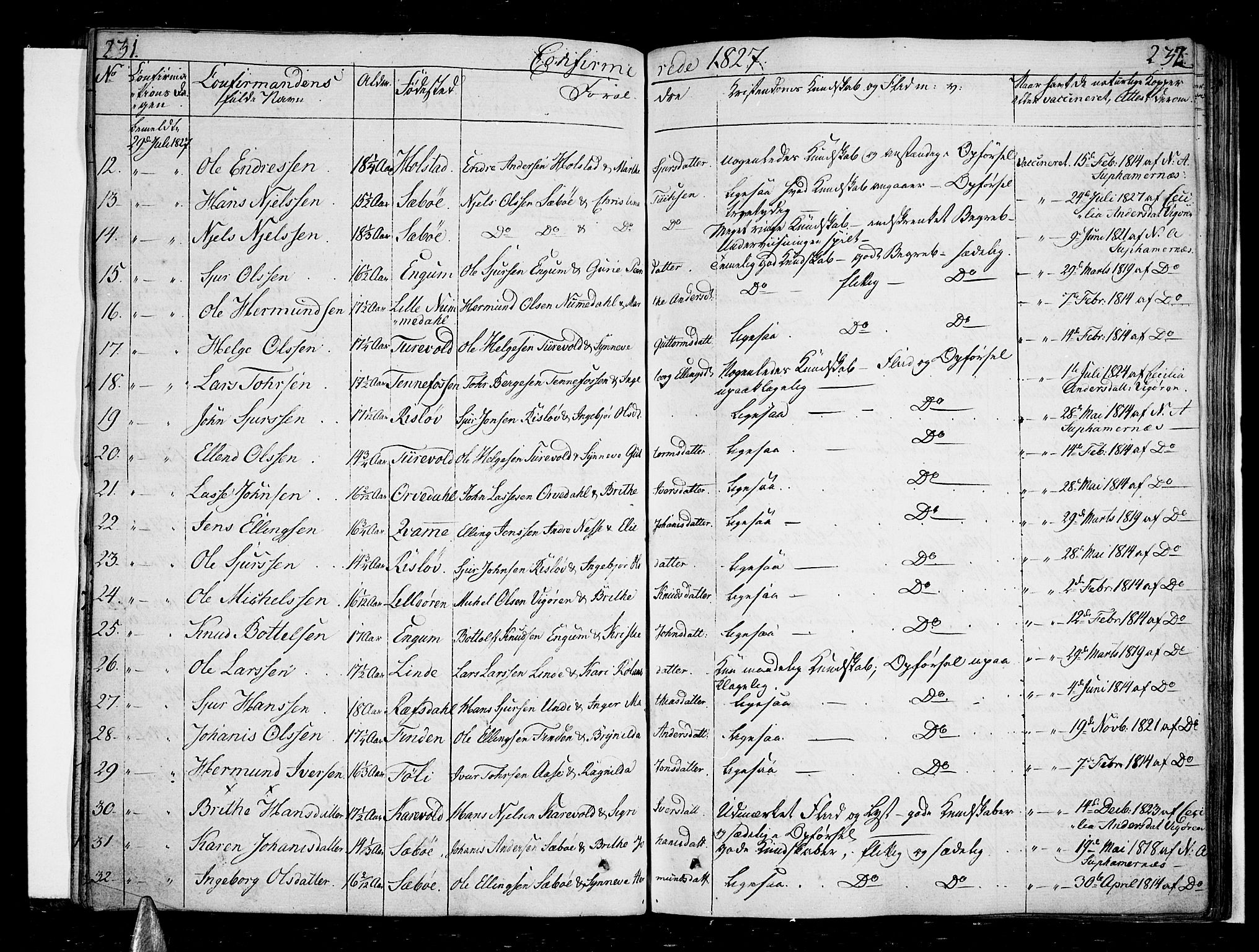 Vik sokneprestembete, AV/SAB-A-81501/H/Haa/Haaa/L0006: Parish register (official) no. A 6, 1821-1831, p. 231-232