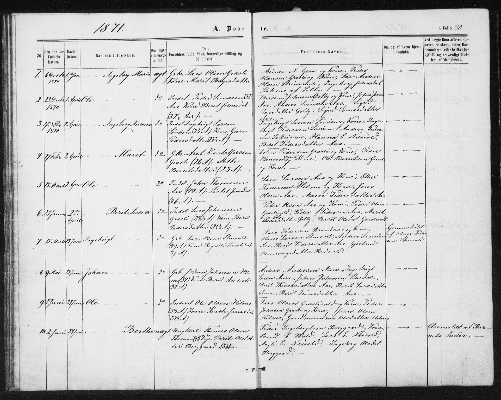 Ministerialprotokoller, klokkerbøker og fødselsregistre - Sør-Trøndelag, SAT/A-1456/698/L1166: Parish register (copy) no. 698C03, 1861-1887, p. 30