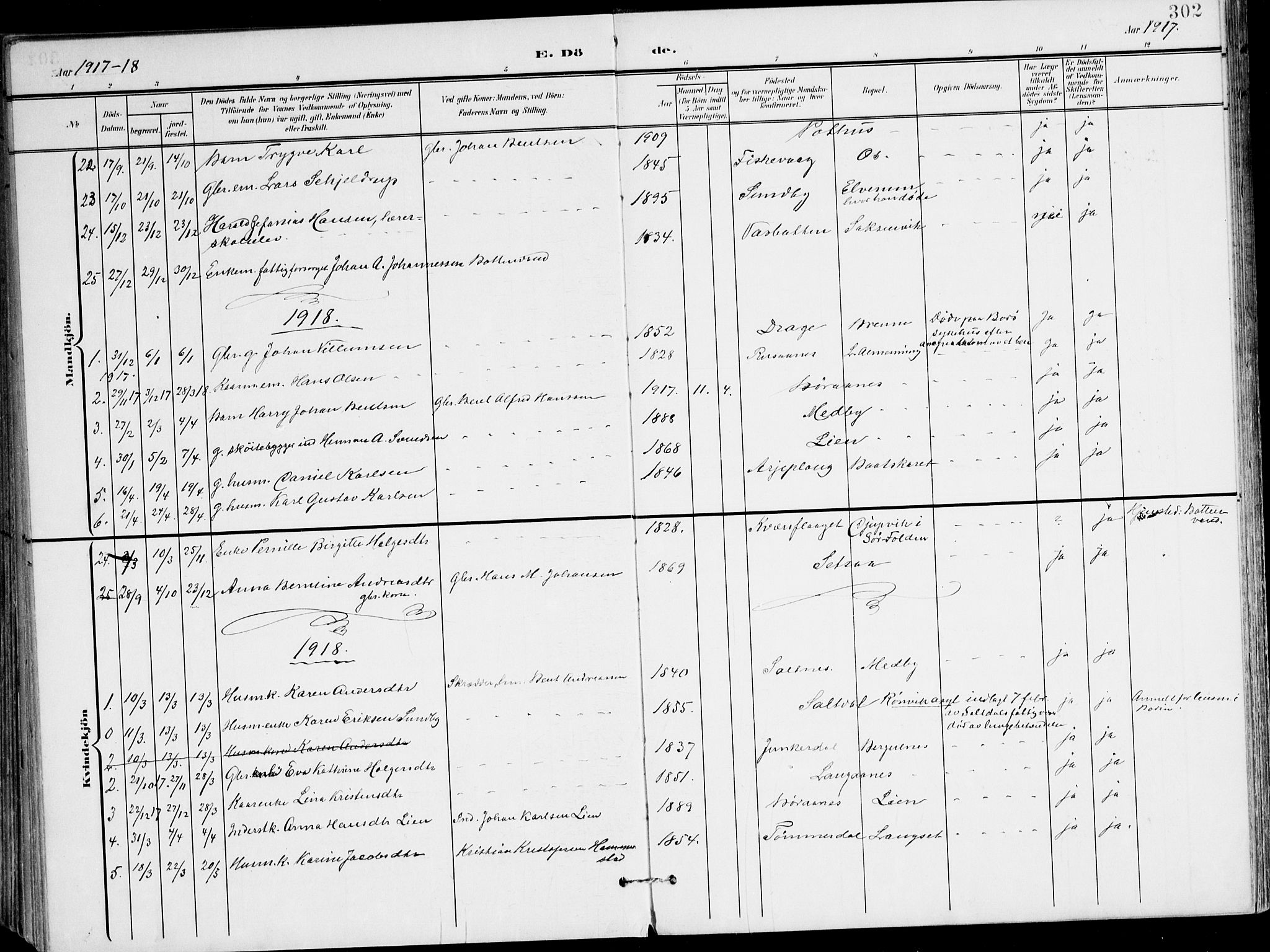 Ministerialprotokoller, klokkerbøker og fødselsregistre - Nordland, AV/SAT-A-1459/847/L0672: Parish register (official) no. 847A12, 1902-1919, p. 302