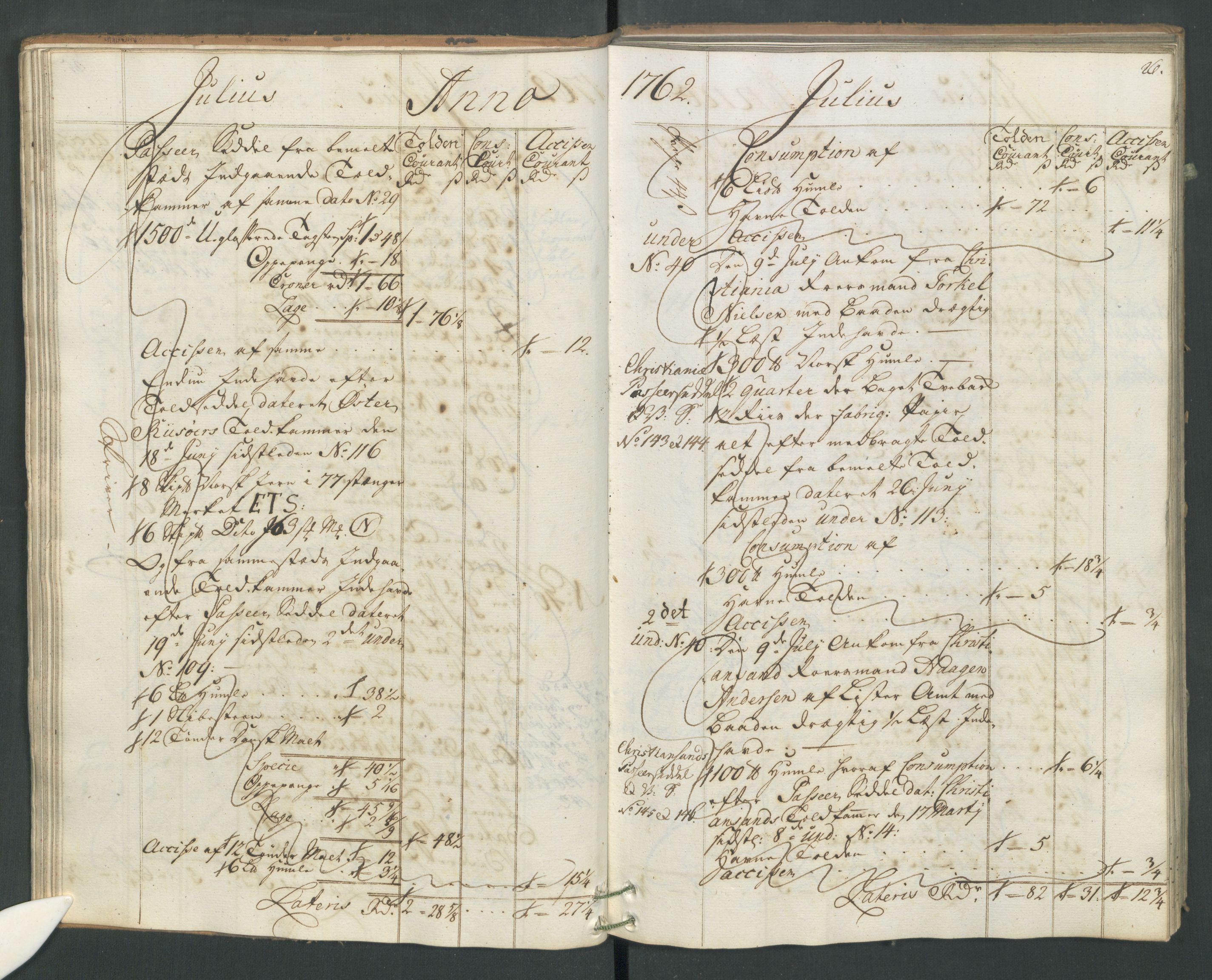 Generaltollkammeret, tollregnskaper, AV/RA-EA-5490/R19/L0021a/0001: Tollregnskaper Flekkefjord / Inngående hovedtollbok, 1762, p. 25b-26a