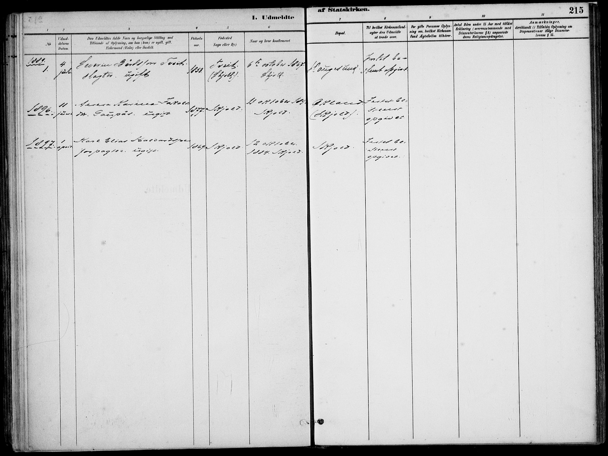 Skjold sokneprestkontor, SAST/A-101847/H/Ha/Haa/L0010: Parish register (official) no. A 10, 1882-1897, p. 215