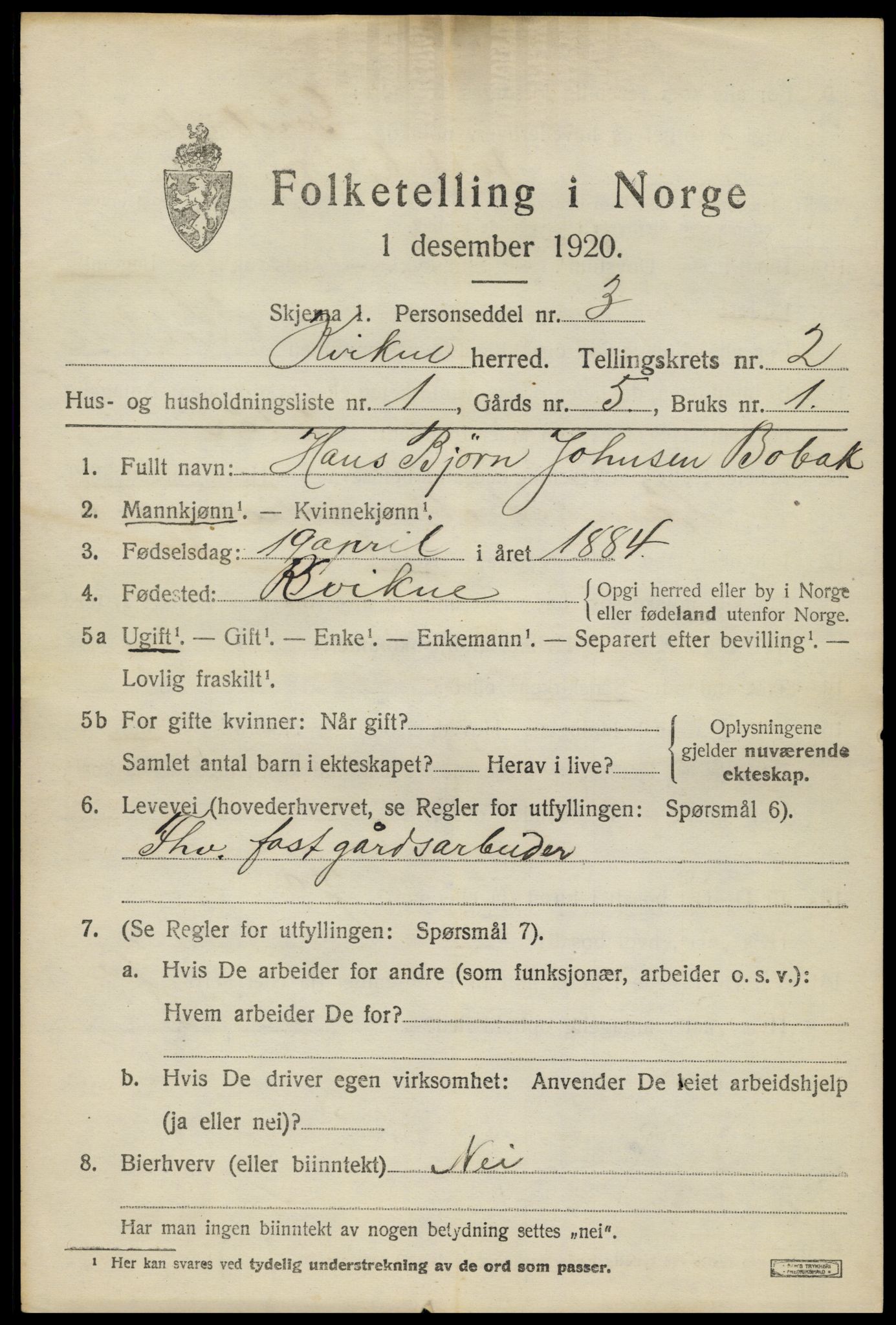 SAH, 1920 census for Kvikne, 1920, p. 972