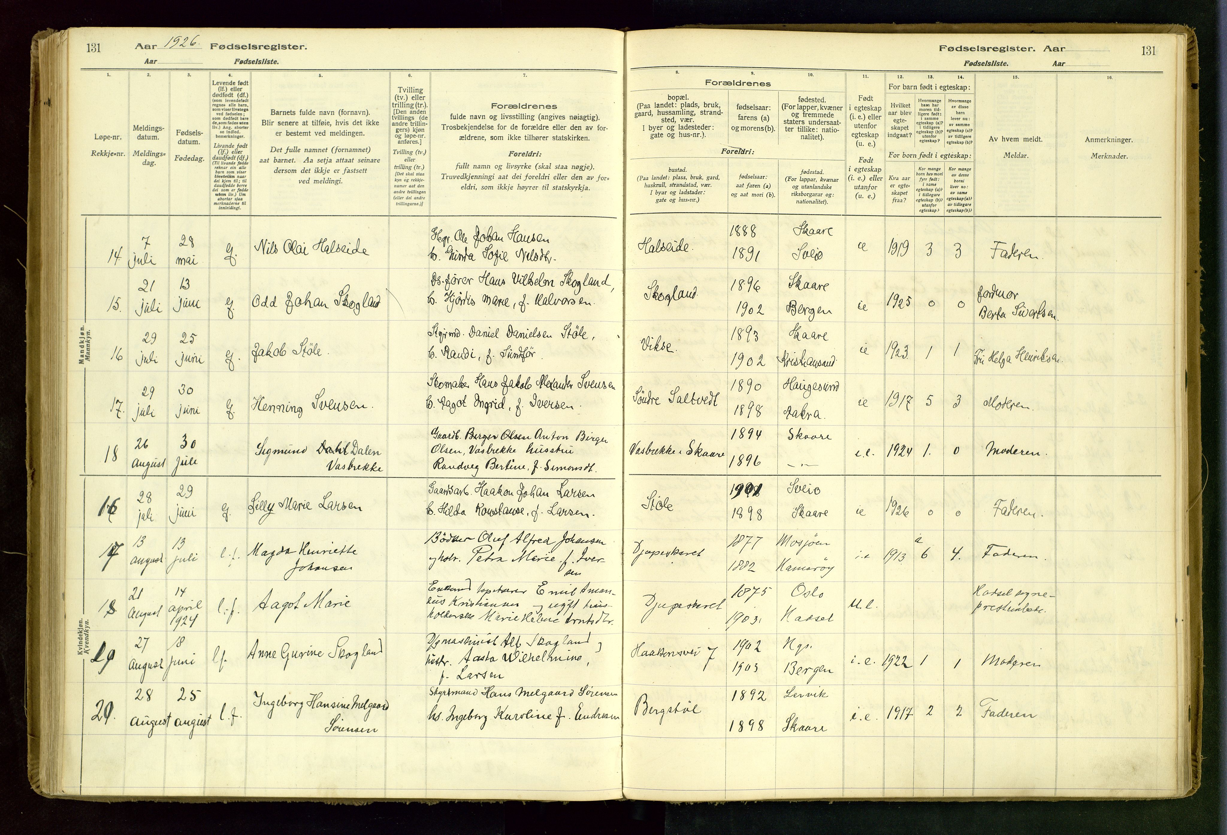 Haugesund sokneprestkontor, AV/SAST-A -101863/I/Id/L0001: Birth register no. 1, 1916-1935, p. 131