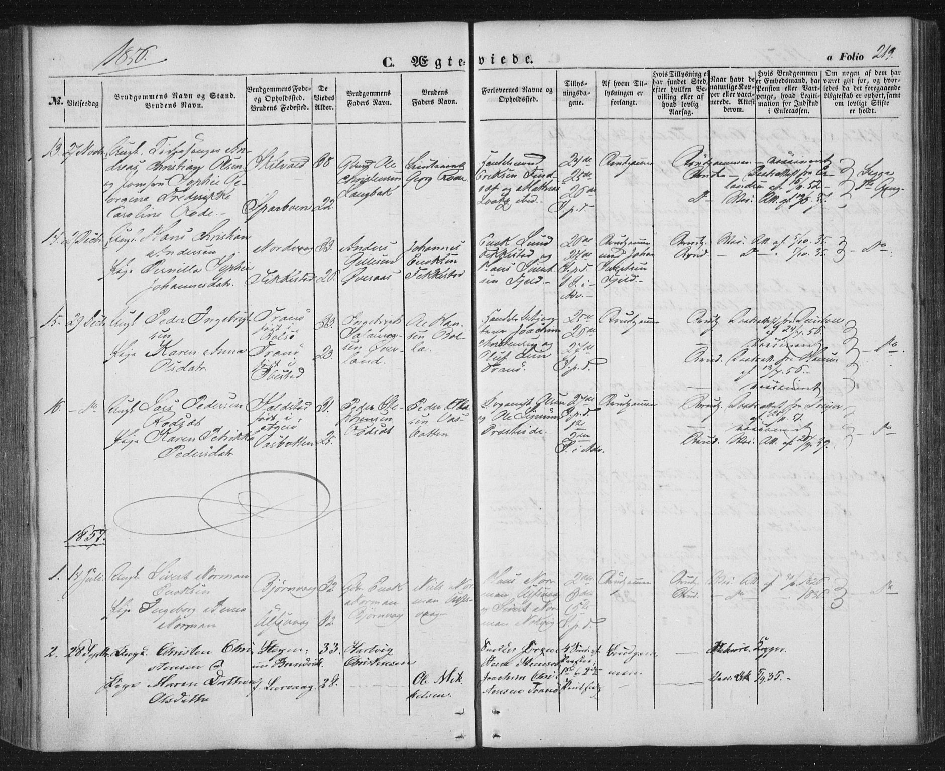 Ministerialprotokoller, klokkerbøker og fødselsregistre - Nordland, AV/SAT-A-1459/859/L0844: Parish register (official) no. 859A04, 1849-1862, p. 219