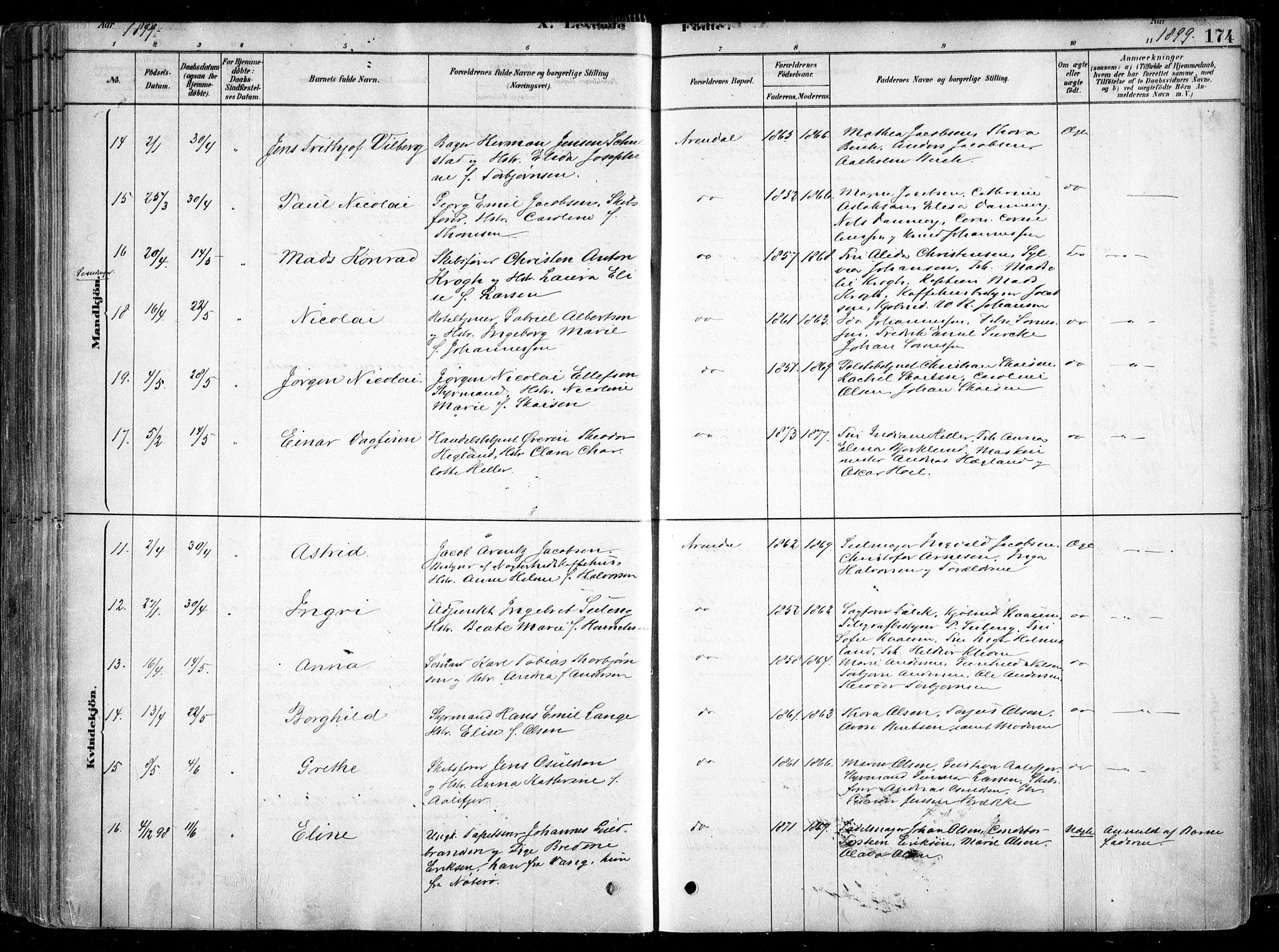 Arendal sokneprestkontor, Trefoldighet, AV/SAK-1111-0040/F/Fa/L0008: Parish register (official) no. A 8, 1878-1899, p. 174