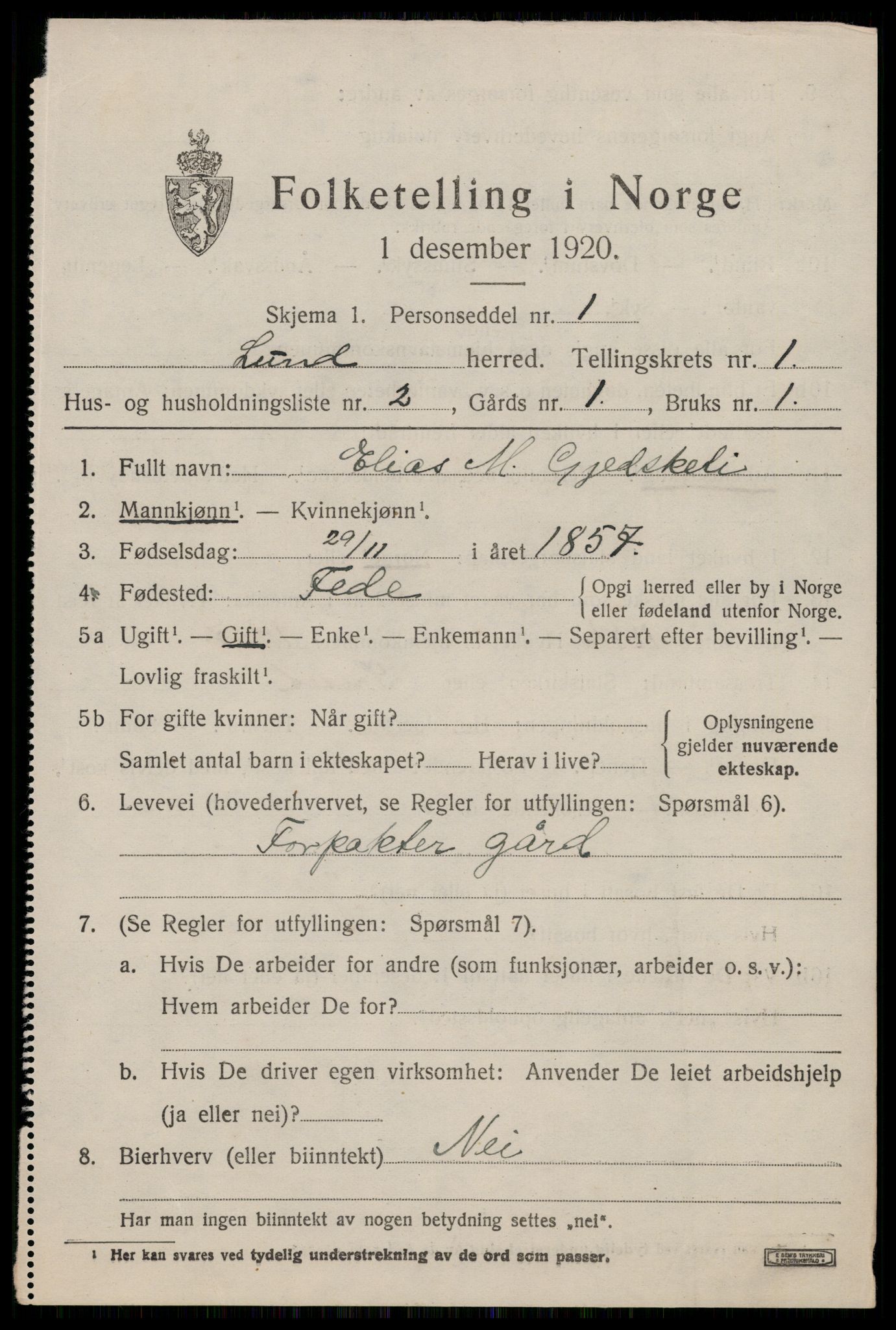 SAST, 1920 census for Lund, 1920, p. 718