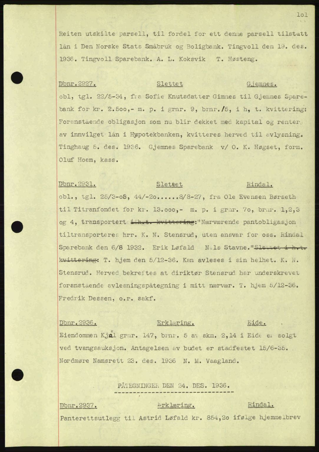 Nordmøre sorenskriveri, AV/SAT-A-4132/1/2/2Ca: Mortgage book no. C80, 1936-1939, Diary no: : 2927/1936