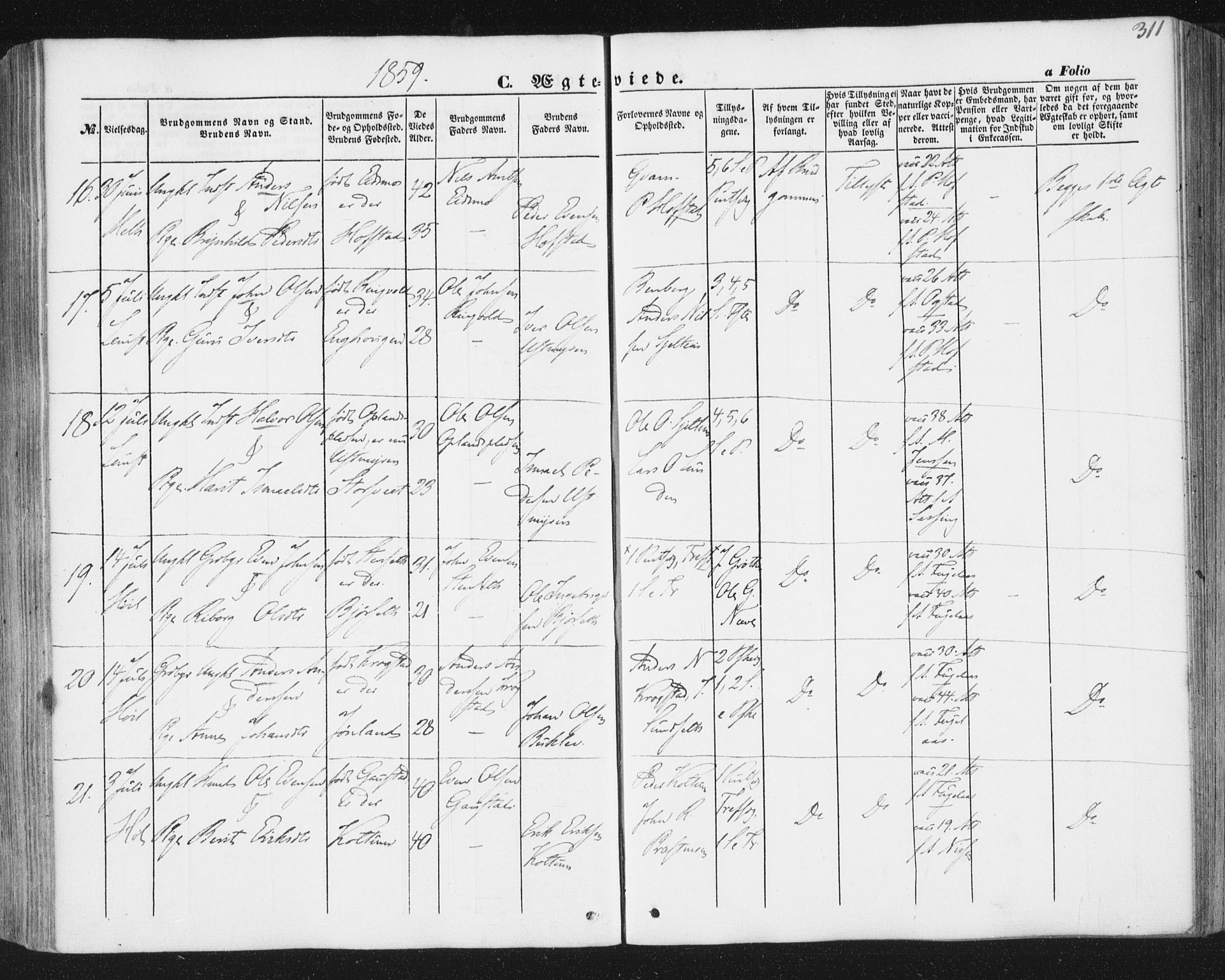 Ministerialprotokoller, klokkerbøker og fødselsregistre - Sør-Trøndelag, AV/SAT-A-1456/691/L1076: Parish register (official) no. 691A08, 1852-1861, p. 311