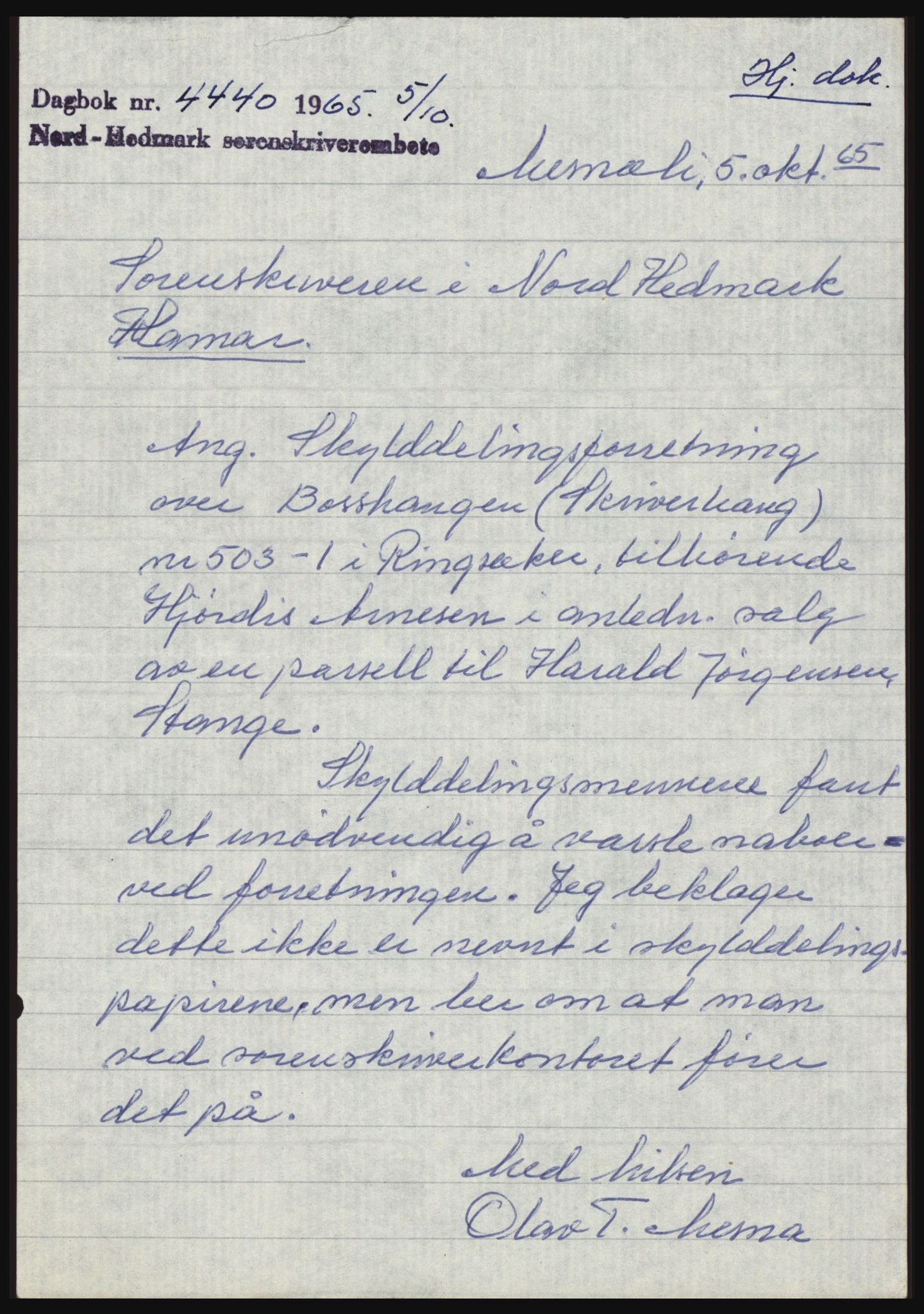 Nord-Hedmark sorenskriveri, SAH/TING-012/H/Hc/L0022: Mortgage book no. 22, 1965-1965, Diary no: : 4440/1965