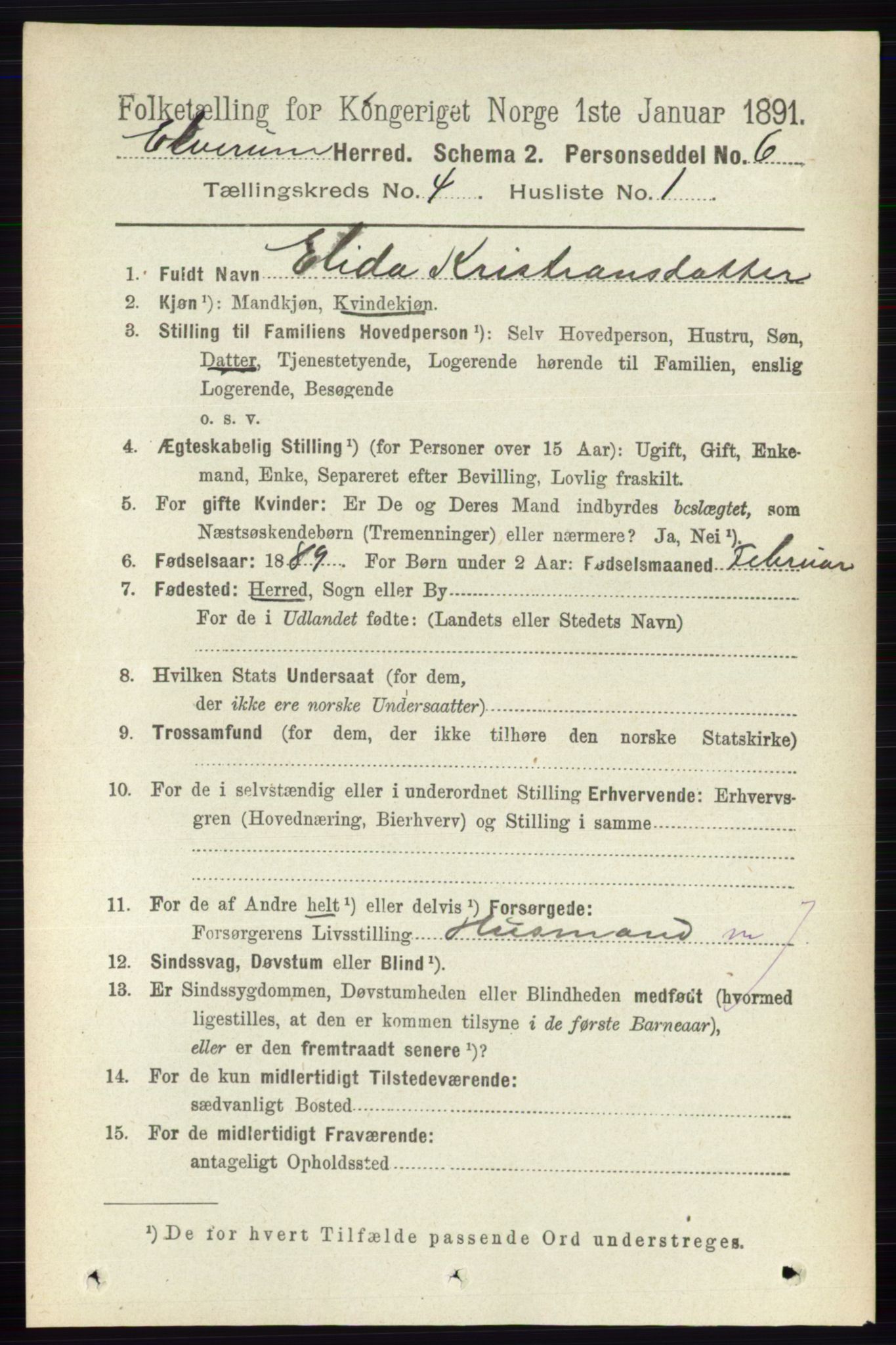 RA, 1891 census for 0427 Elverum, 1891, p. 2379