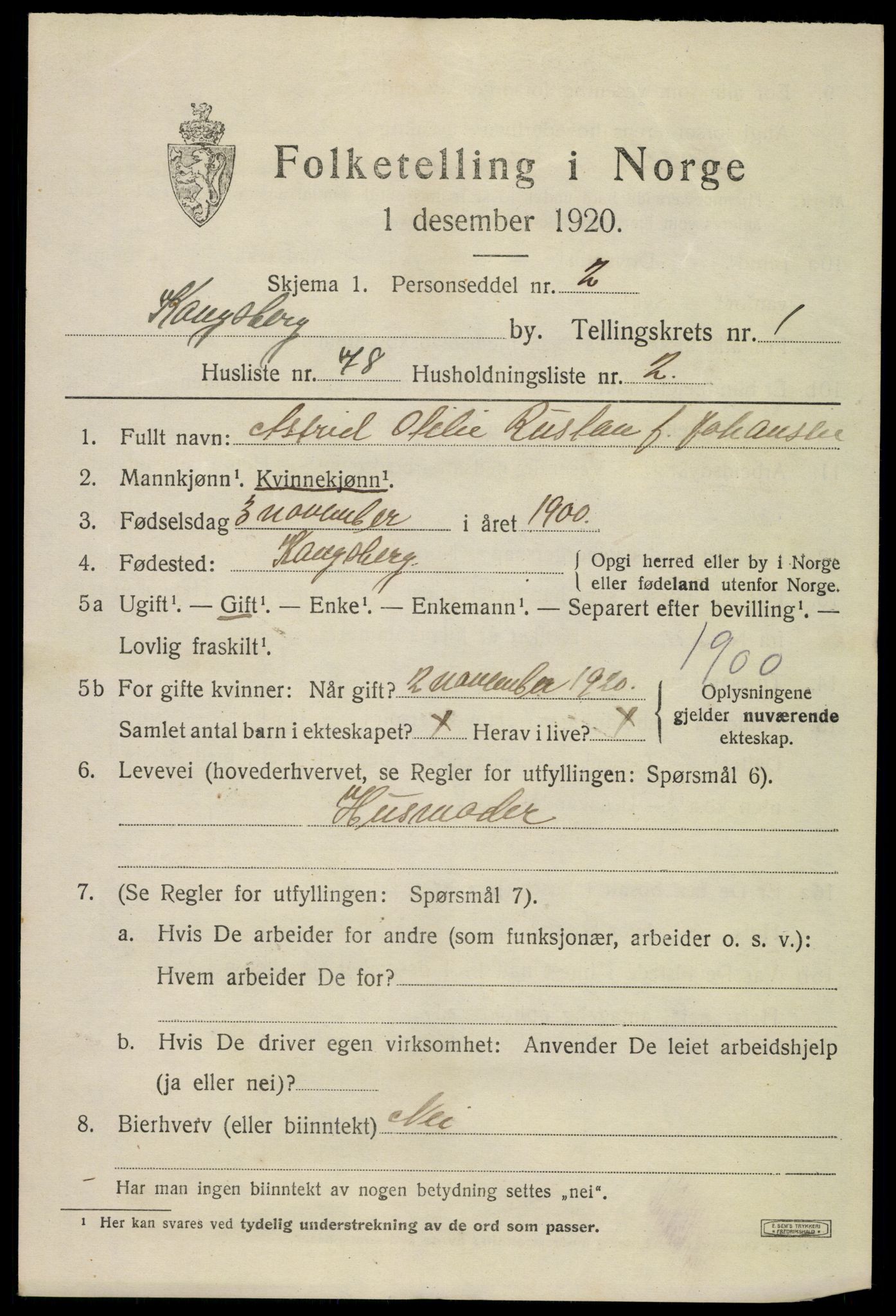 SAKO, 1920 census for Kongsberg, 1920, p. 6760