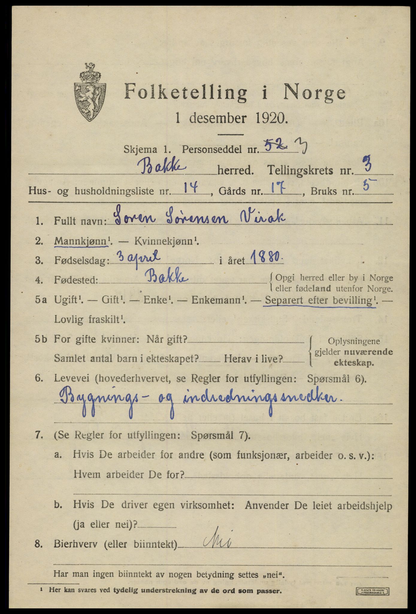 SAK, 1920 census for Bakke, 1920, p. 1084