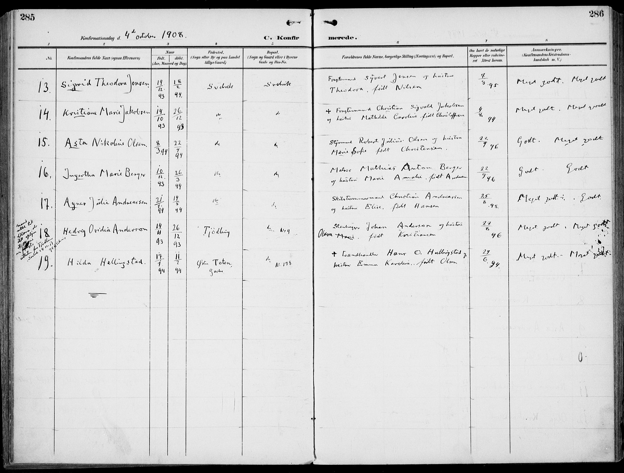 Strømm kirkebøker, AV/SAKO-A-322/F/Fb/L0002: Parish register (official) no. II 2, 1900-1919, p. 285-286